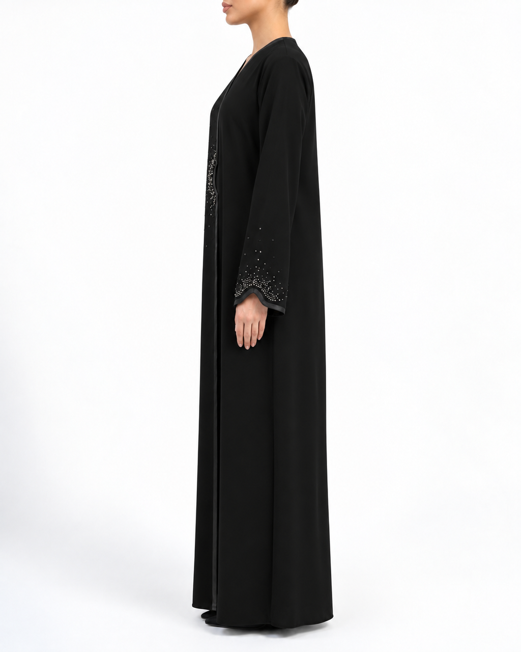 Sama – Jet Black Indonesian Crepe Overlap Crystal Abaya | MANHAS