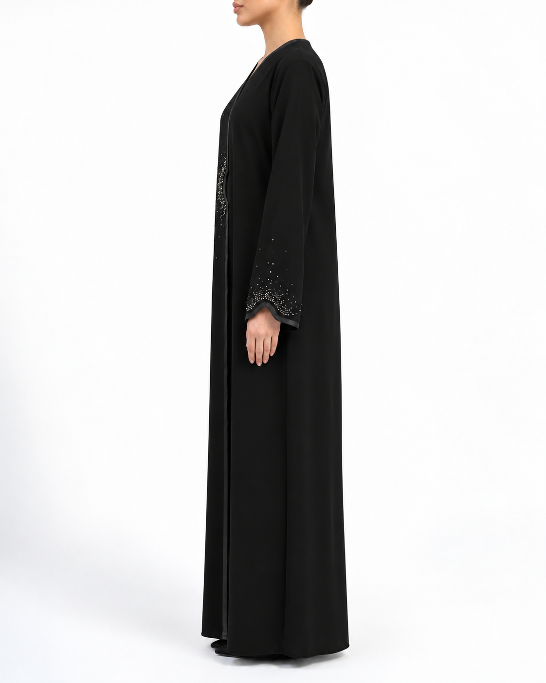 Sama – Jet Black Indonesian Crepe Overlap Crystal Abaya | MANHAS