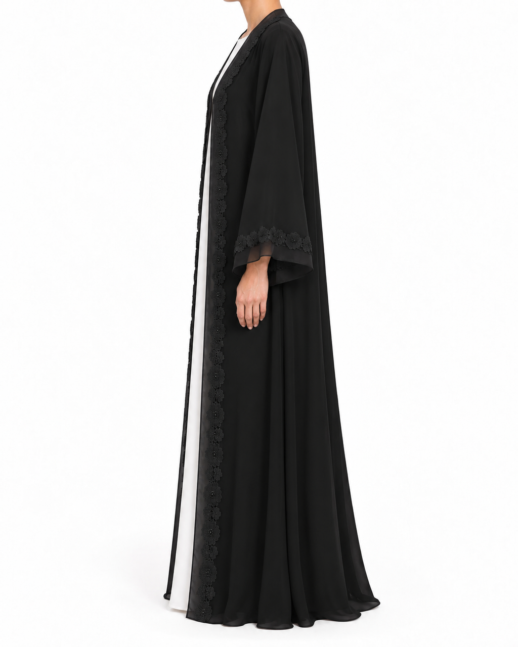 Anya – Double-Layer Chiffon Lace Organza Peeco Edge Abaya | MANHAS
