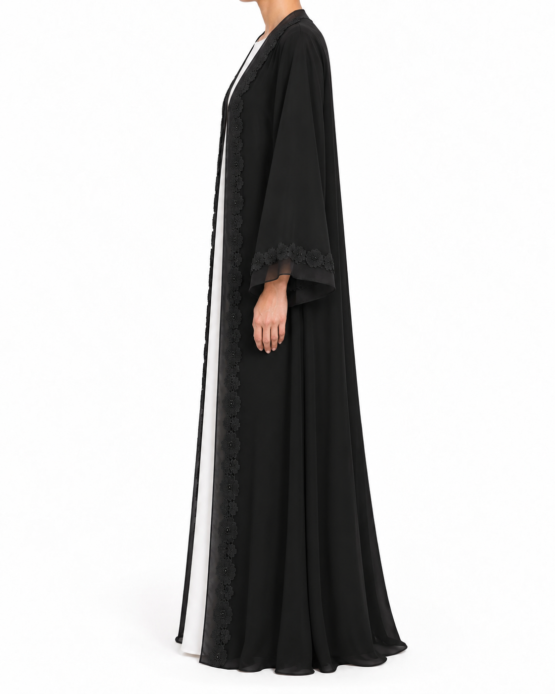 Anya – Double-Layer Chiffon Lace Organza Peeco Edge Abaya | MANHAS