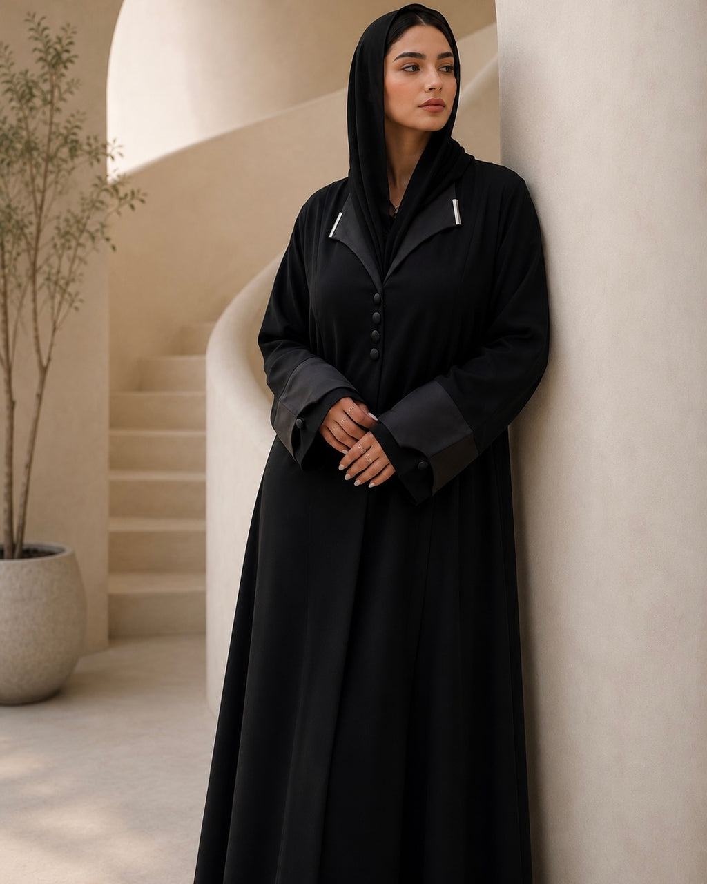 Laha – Black Korean Nada Satin Lapel Open Front Abaya | MANHAS