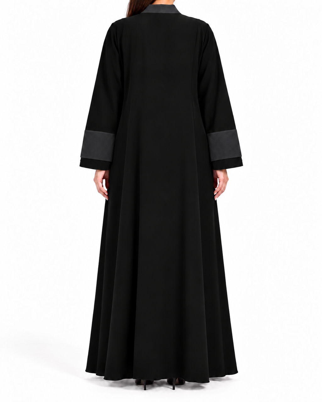 Laha – Black Korean Nada Satin Lapel Open Front Abaya | MANHAS