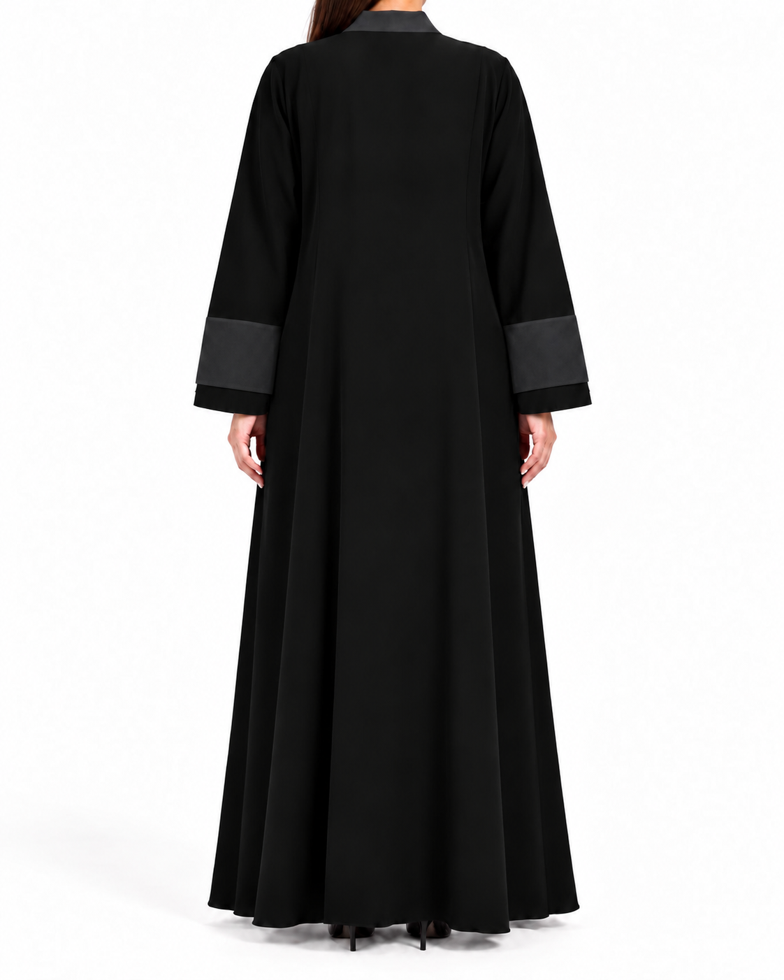 Laha – Black Korean Nada Satin Lapel Open Front Abaya | MANHAS