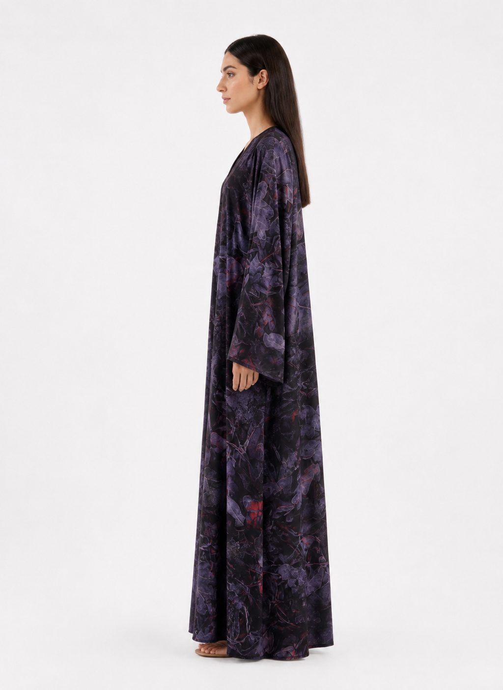 Sora – Midnight Purple Botanical Printed Chiffon Open Front Abaya | MANHAS