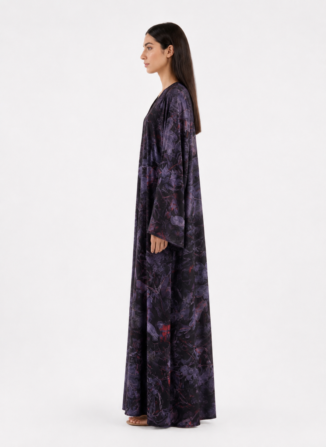 Sora – Midnight Purple Botanical Printed Chiffon Open Front Abaya | MANHAS