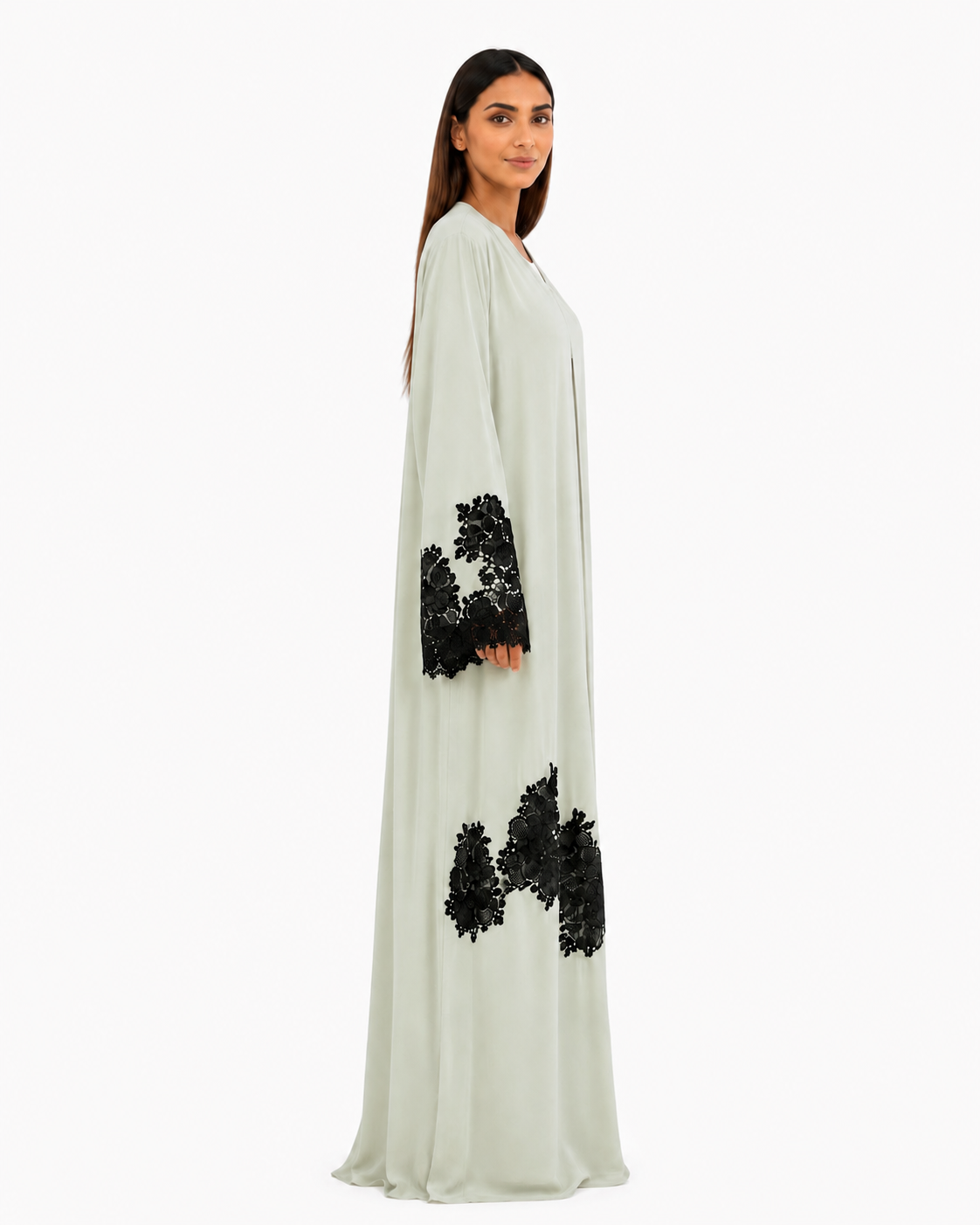 Rhea – Pastel Korean Nada Black Lace Cutout Abaya | MANHAS