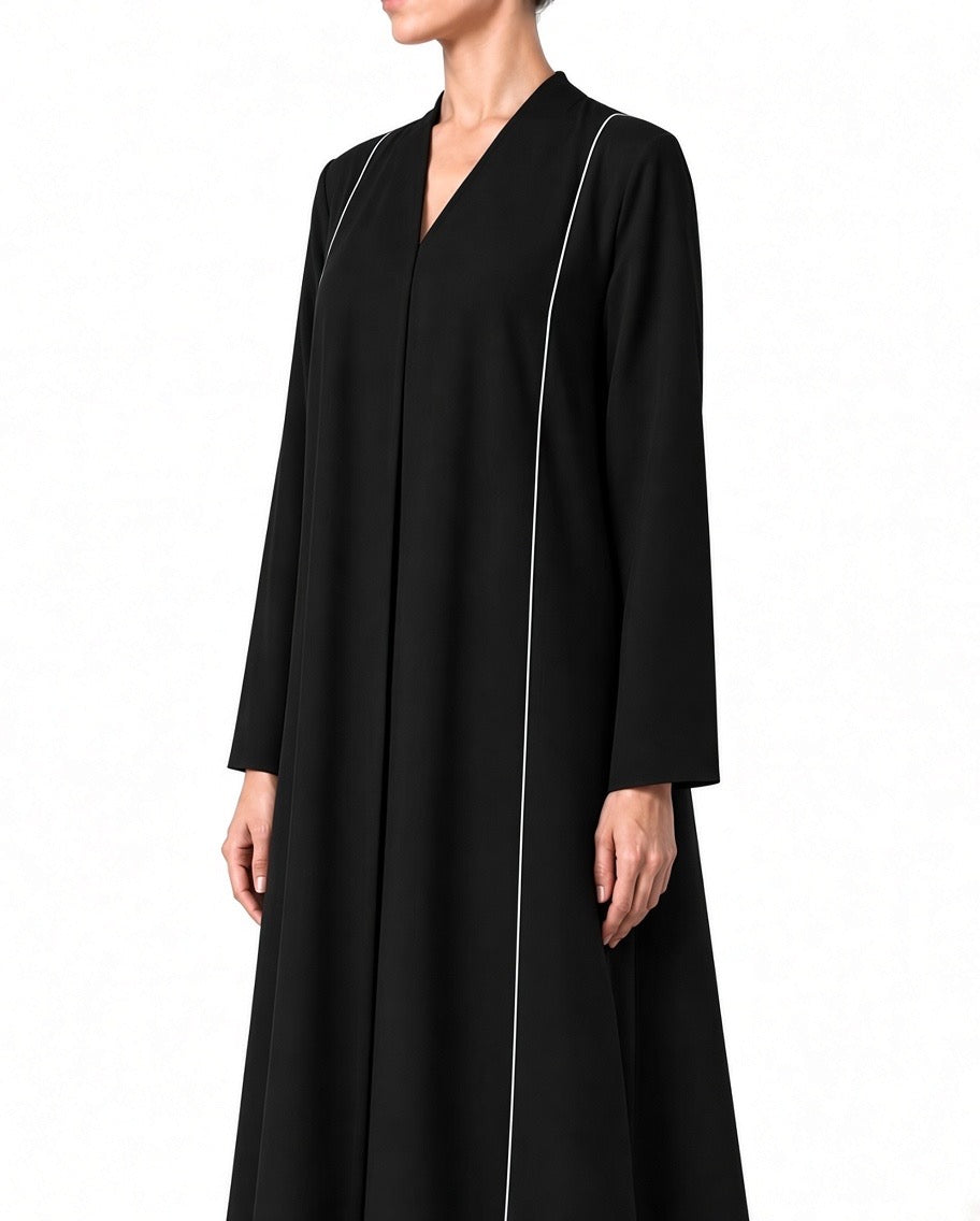 Nesma – Black & White Indonesian Barbie Crepe Inward Pleat Abaya | MANHAS