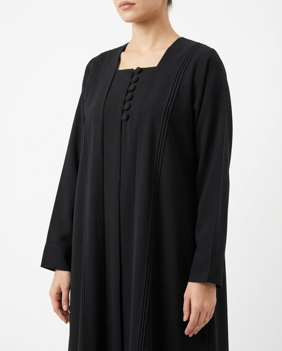Hala – Jet Black Indonesian Soft Crepe Straight Cut Pintuck Abaya | MANHAS