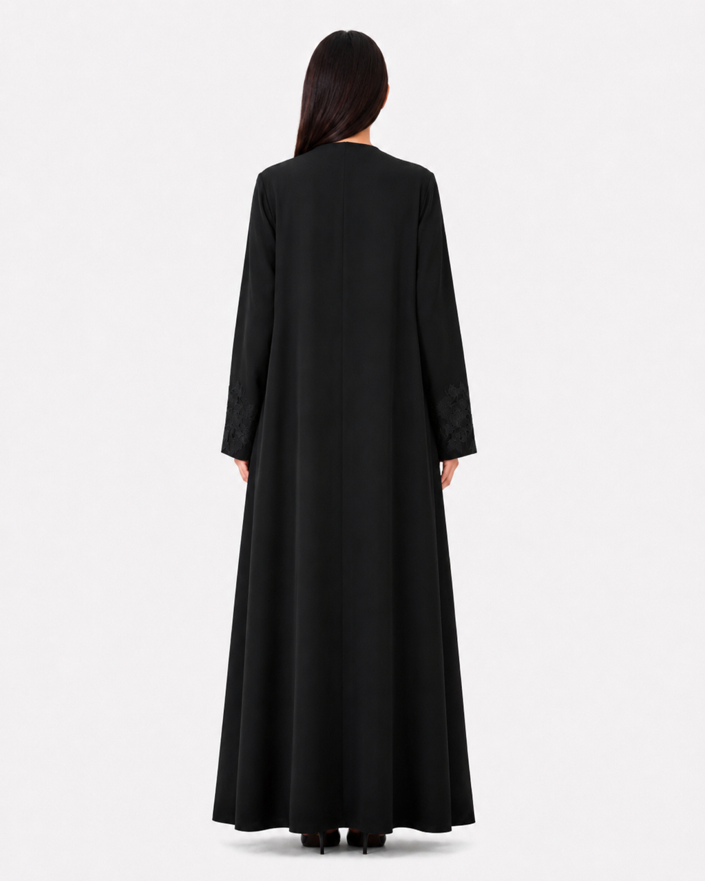 Rida – Jet Black Indonesian Crepe Dantel Lace Appliqué Abaya | MANHAS