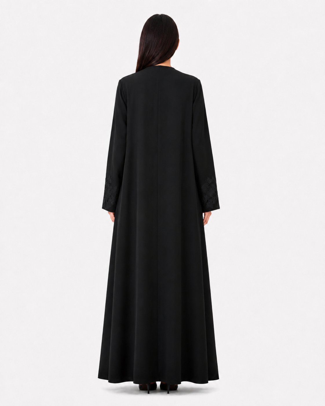 Rida – Jet Black Indonesian Crepe Dantel Lace Appliqué Abaya | MANHAS