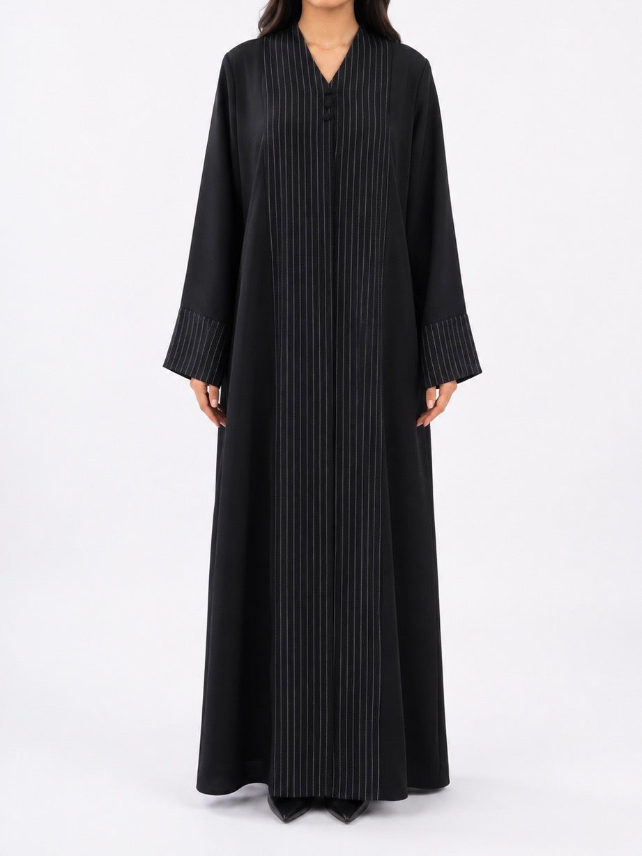 Ilma – Black Foa Crepe Striped Panel Abaya | MANHAS