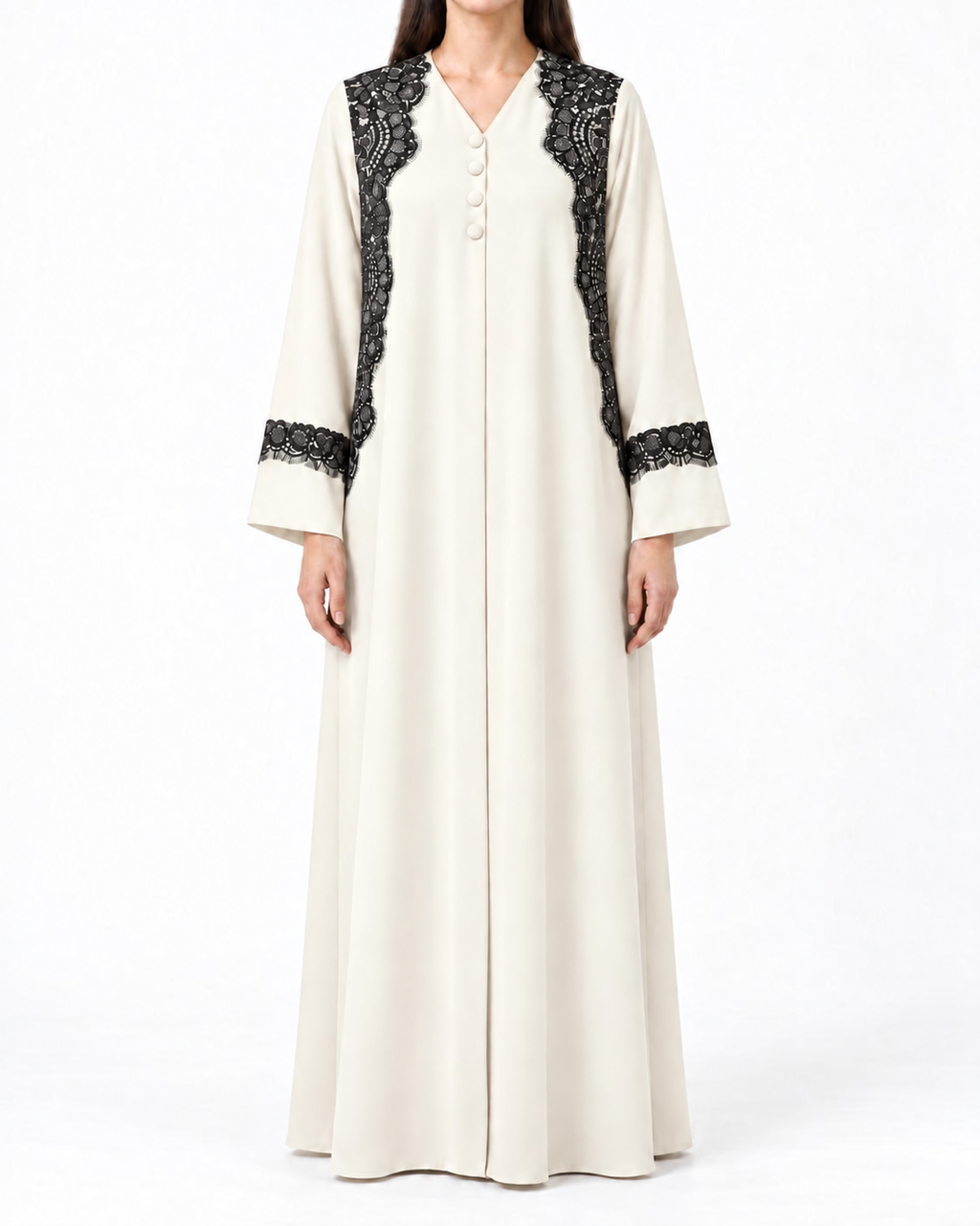 Mayar – White and Black Korean Nada Lace Front & Cuff Straight Abaya | MANHAS