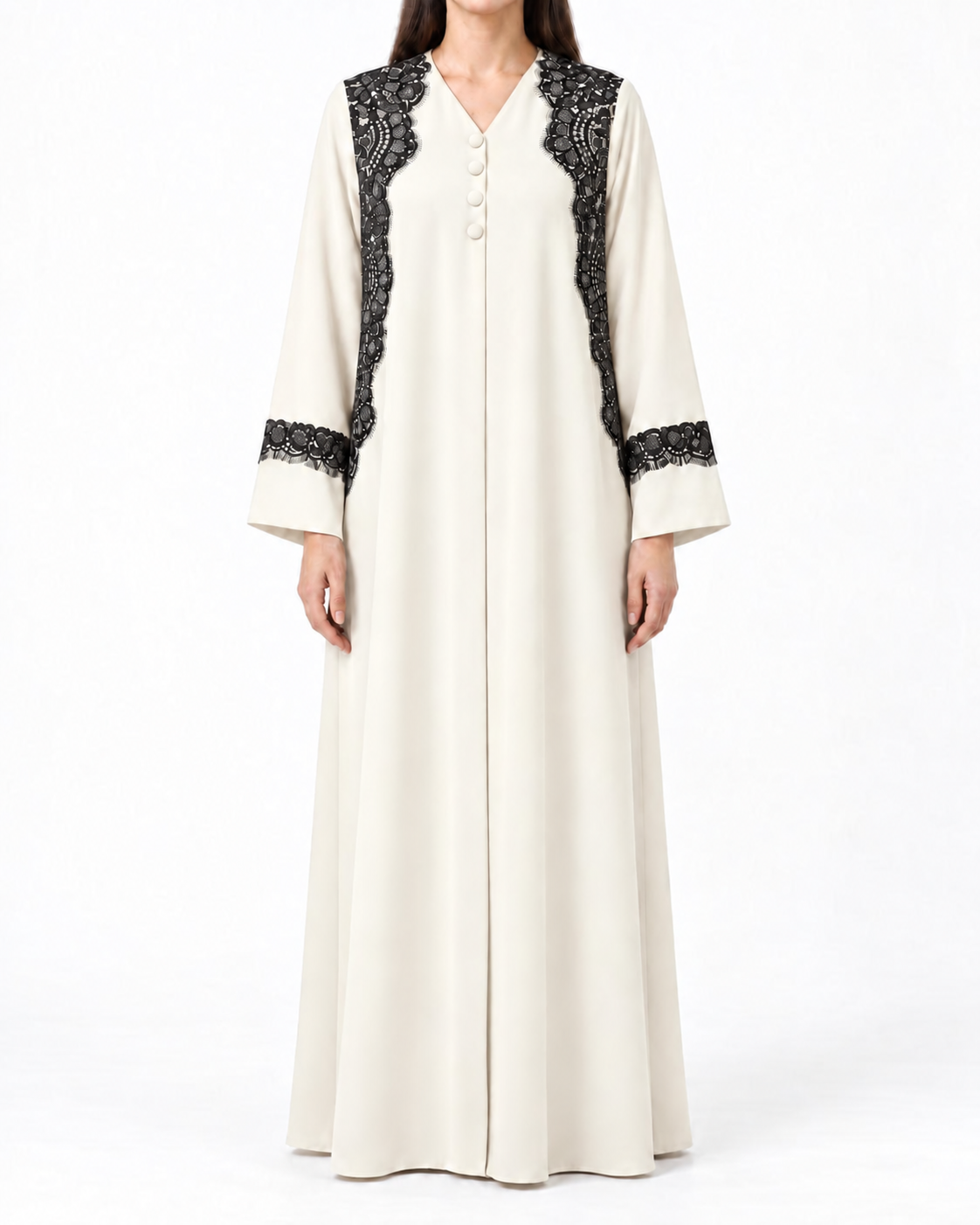Mayar – White and Black Korean Nada Lace Front & Cuff Straight Abaya | MANHAS
