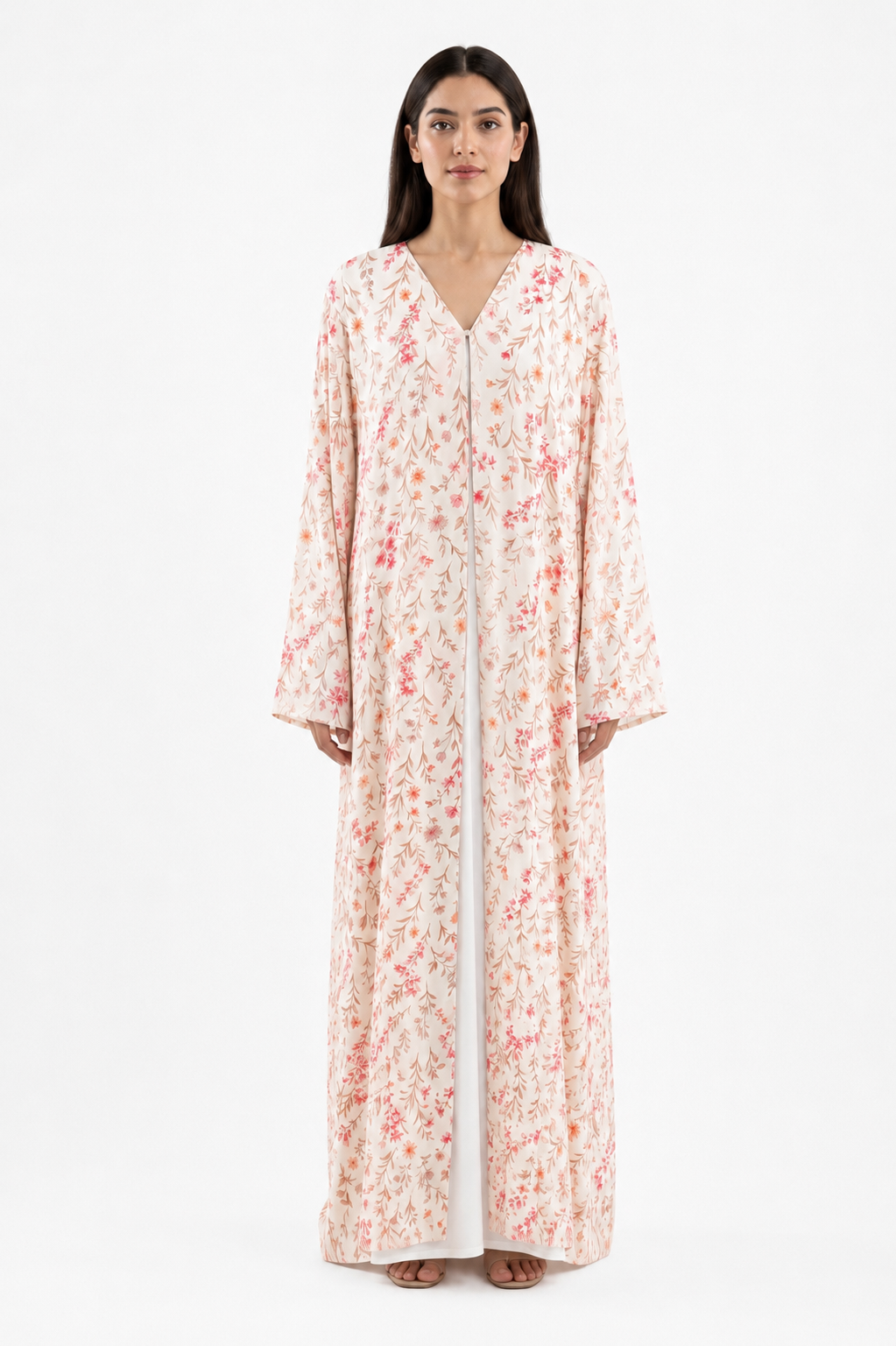 Zahra – Cream Floral Printed Chiffon Straight Cut Abaya | MANHAS