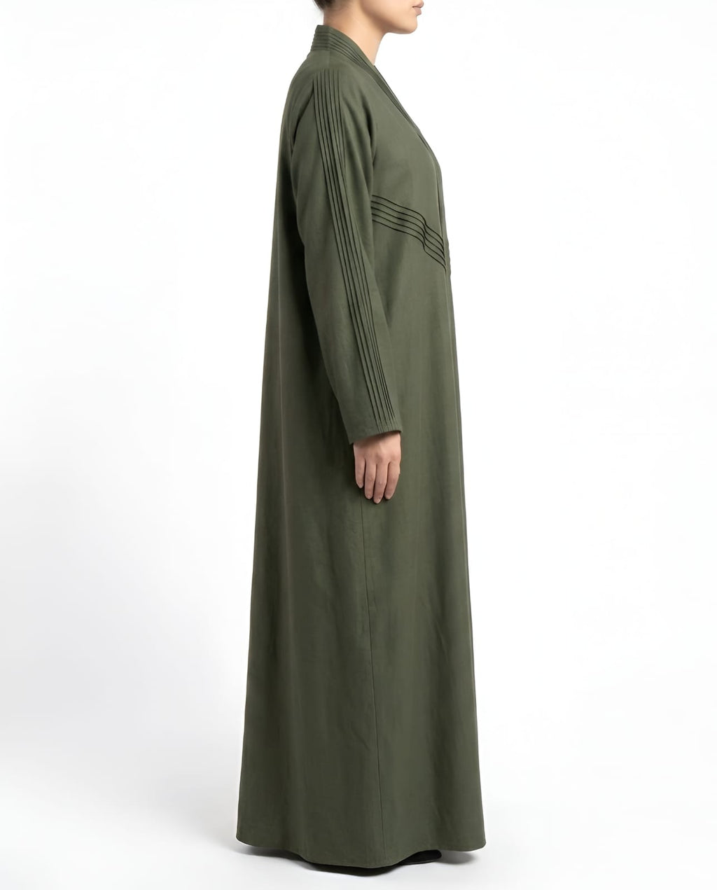 Areej – Olive Green Linen Crepe Straight Cut Abaya | MANHAS