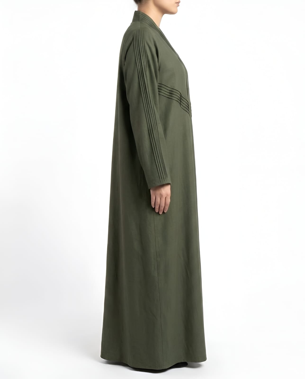 Areej – Olive Green Linen Crepe Straight Cut Abaya | MANHAS