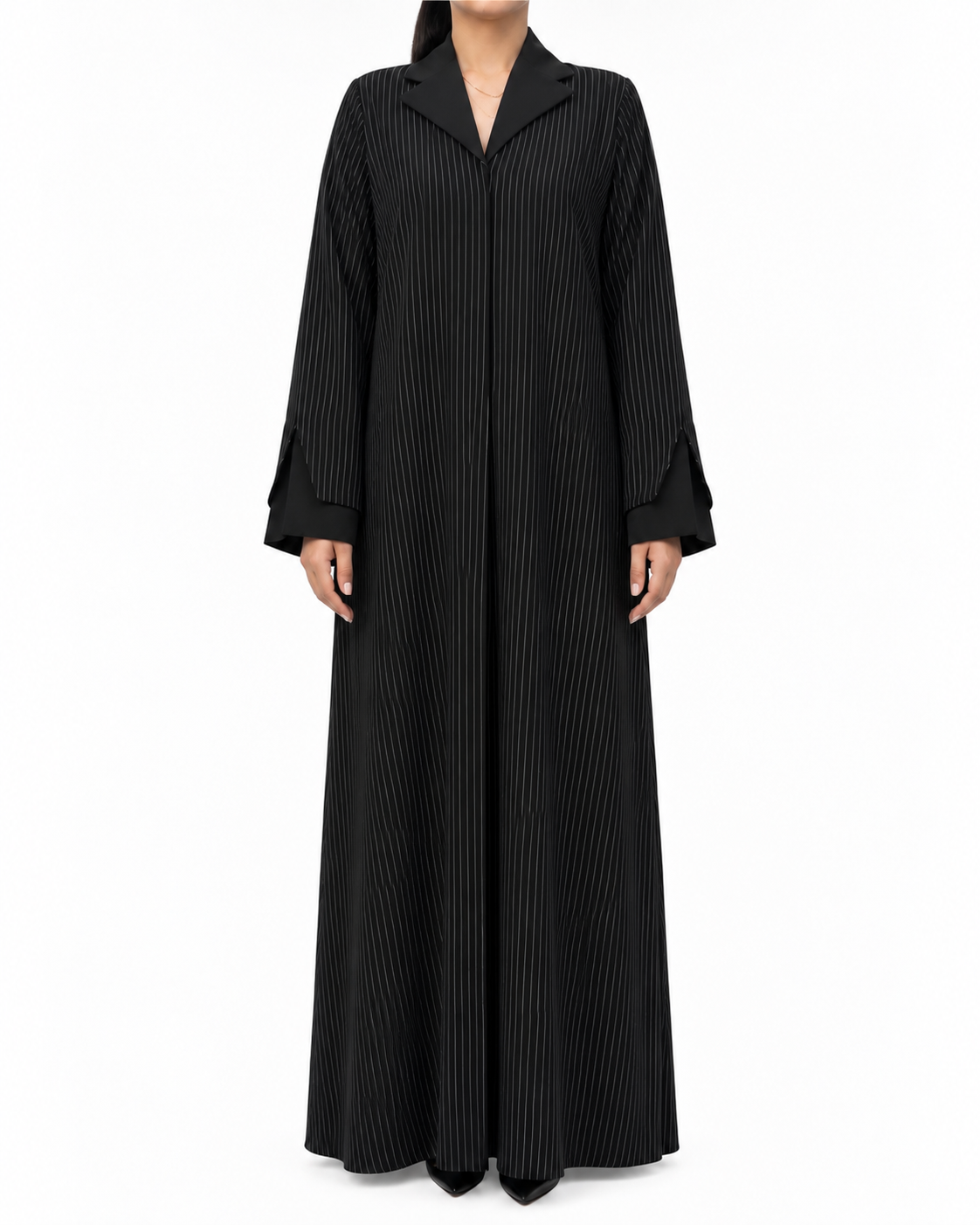 Hessa – Black Foa Crepe Tailored Lapel Striped Abaya | MANHAS