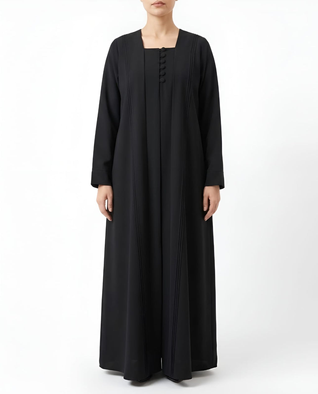 Hala – Jet Black Indonesian Soft Crepe Straight Cut Pintuck Abaya | MANHAS