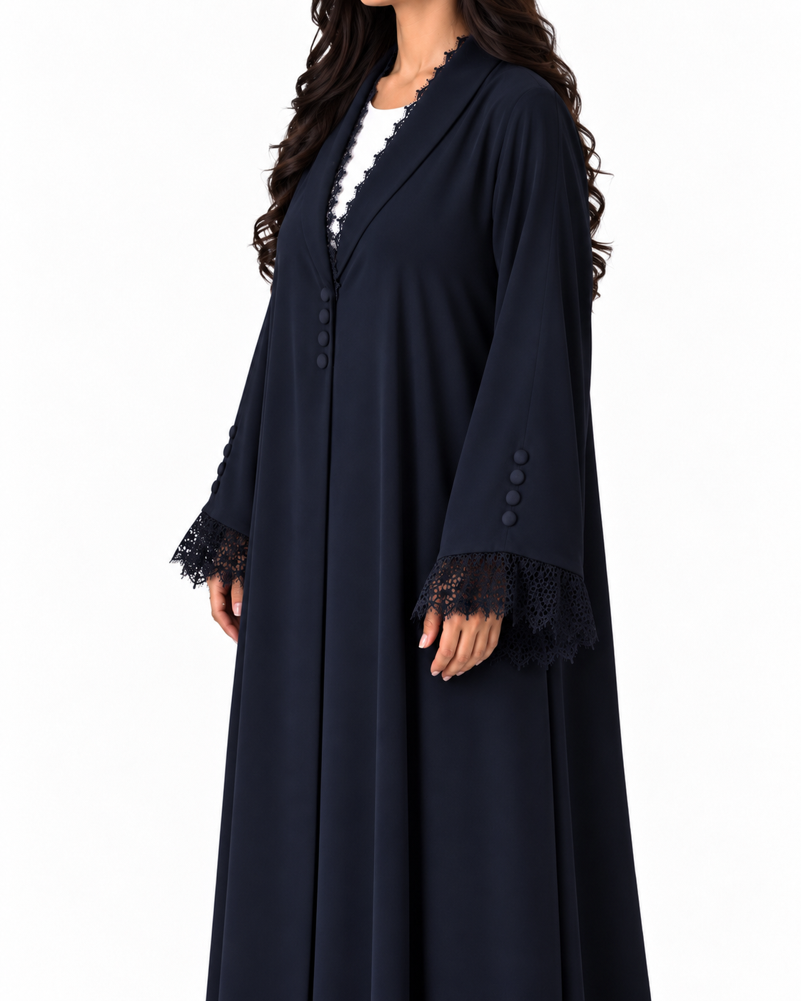 Jouri – Navy Blue French Lace  Collar Layan Crepe Abaya | MANHAS