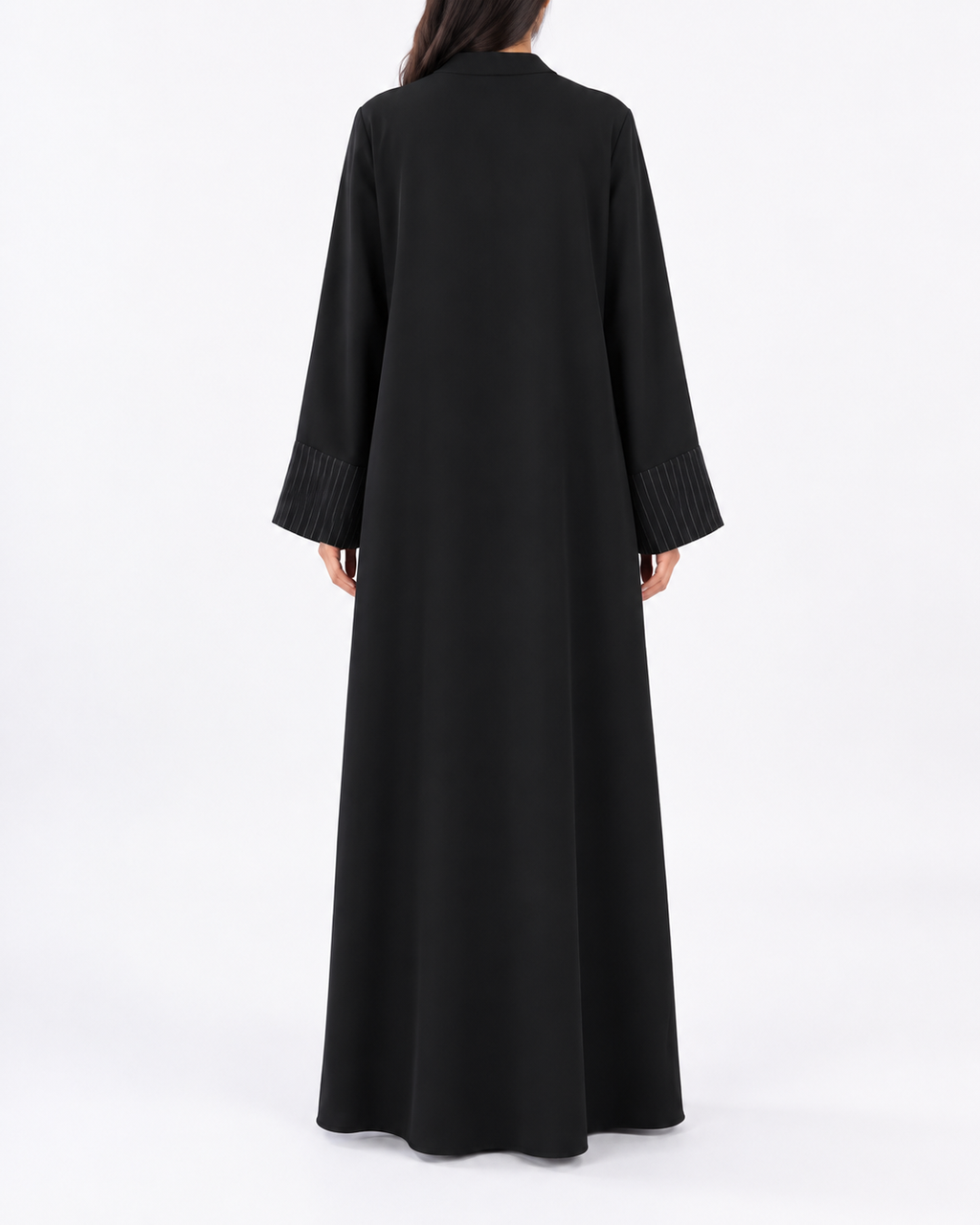 Ilma – Black Foa Crepe Striped Panel Abaya | MANHAS