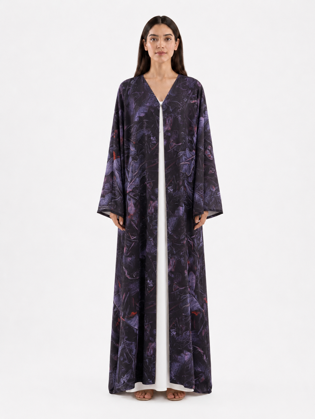 Sora – Midnight Purple Botanical Printed Chiffon Open Front Abaya | MANHAS