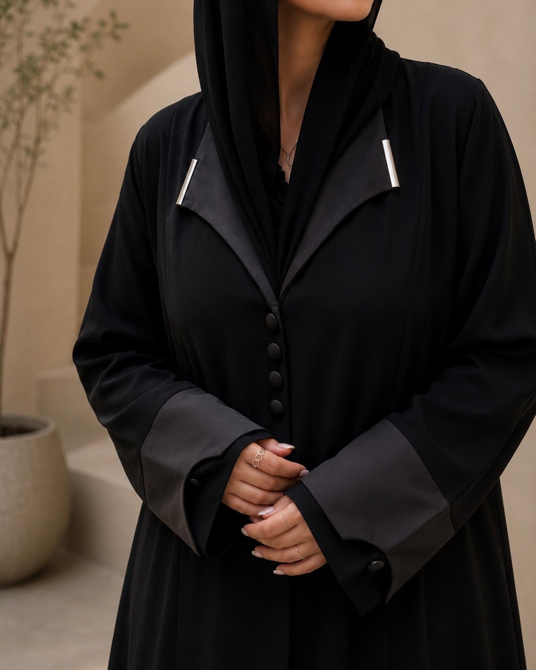 Laha – Black Korean Nada Satin Lapel Open Front Abaya | MANHAS