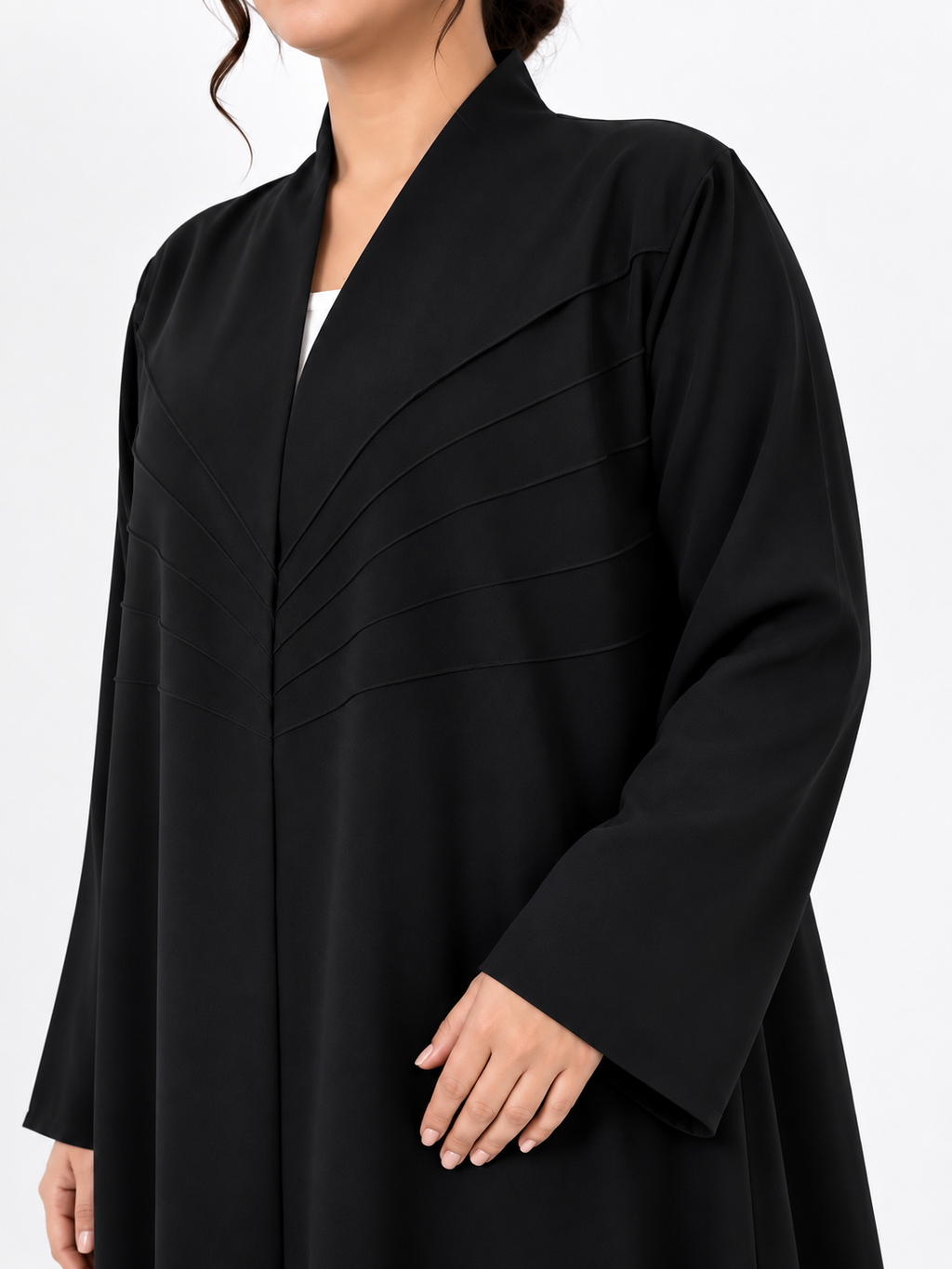Ruwa – Jet Black Foa Crepe Chevron Pintuck Abaya | MANHAS