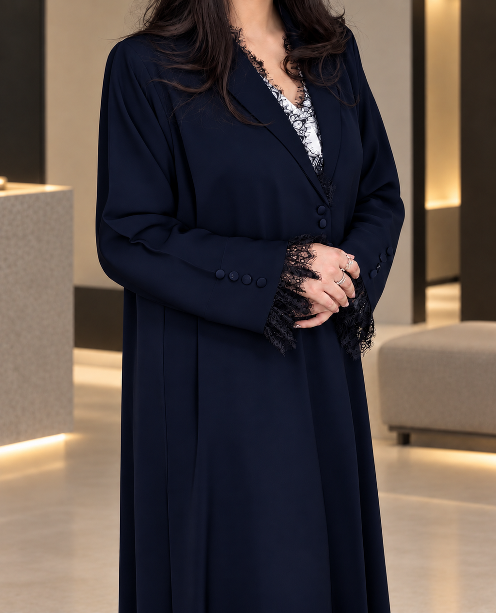 Jouri – Navy Blue French Lace  Collar Layan Crepe Abaya | MANHAS