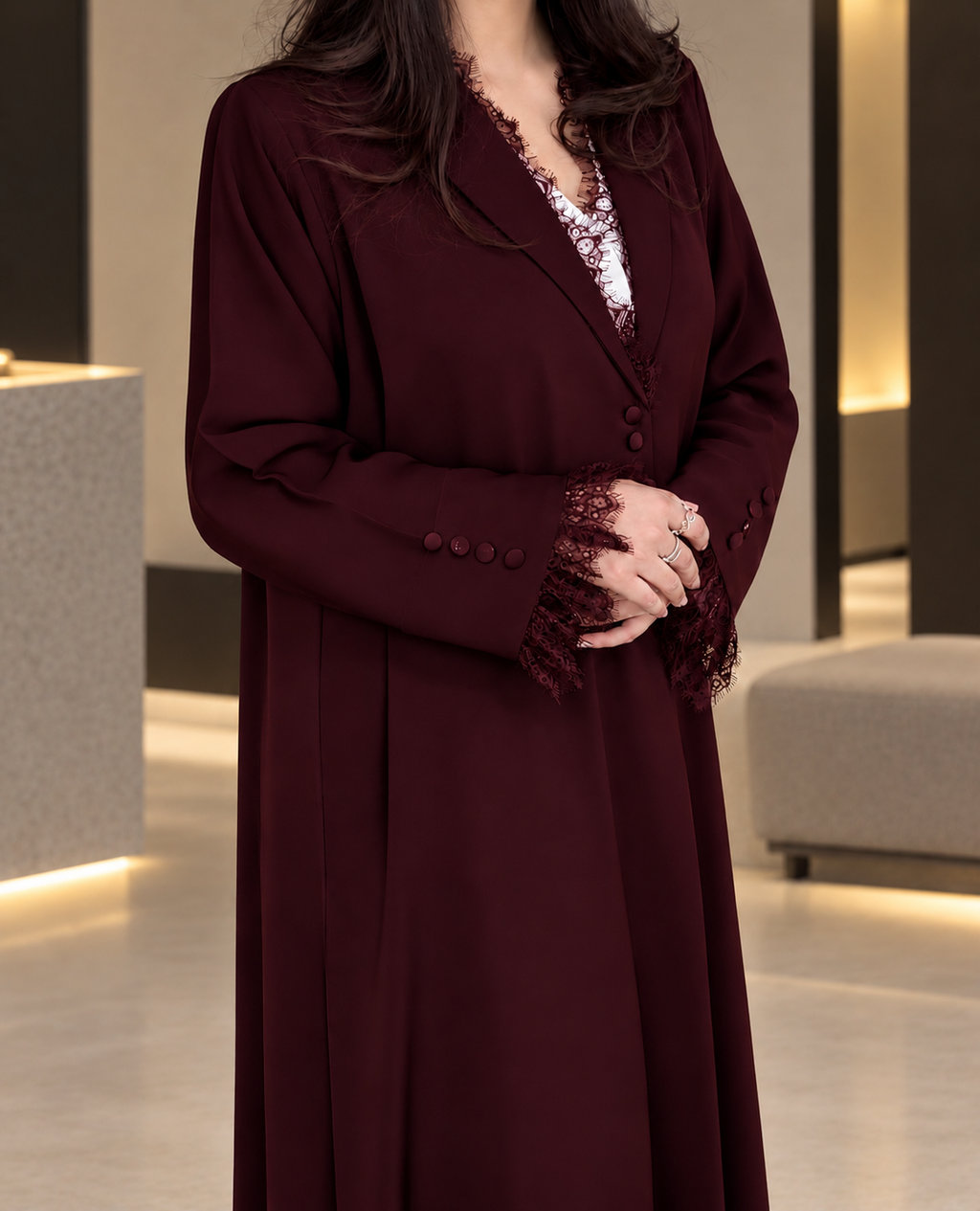 Jouri – Burgundy French Lace Collar Layan Crepe Abaya | MANHAS