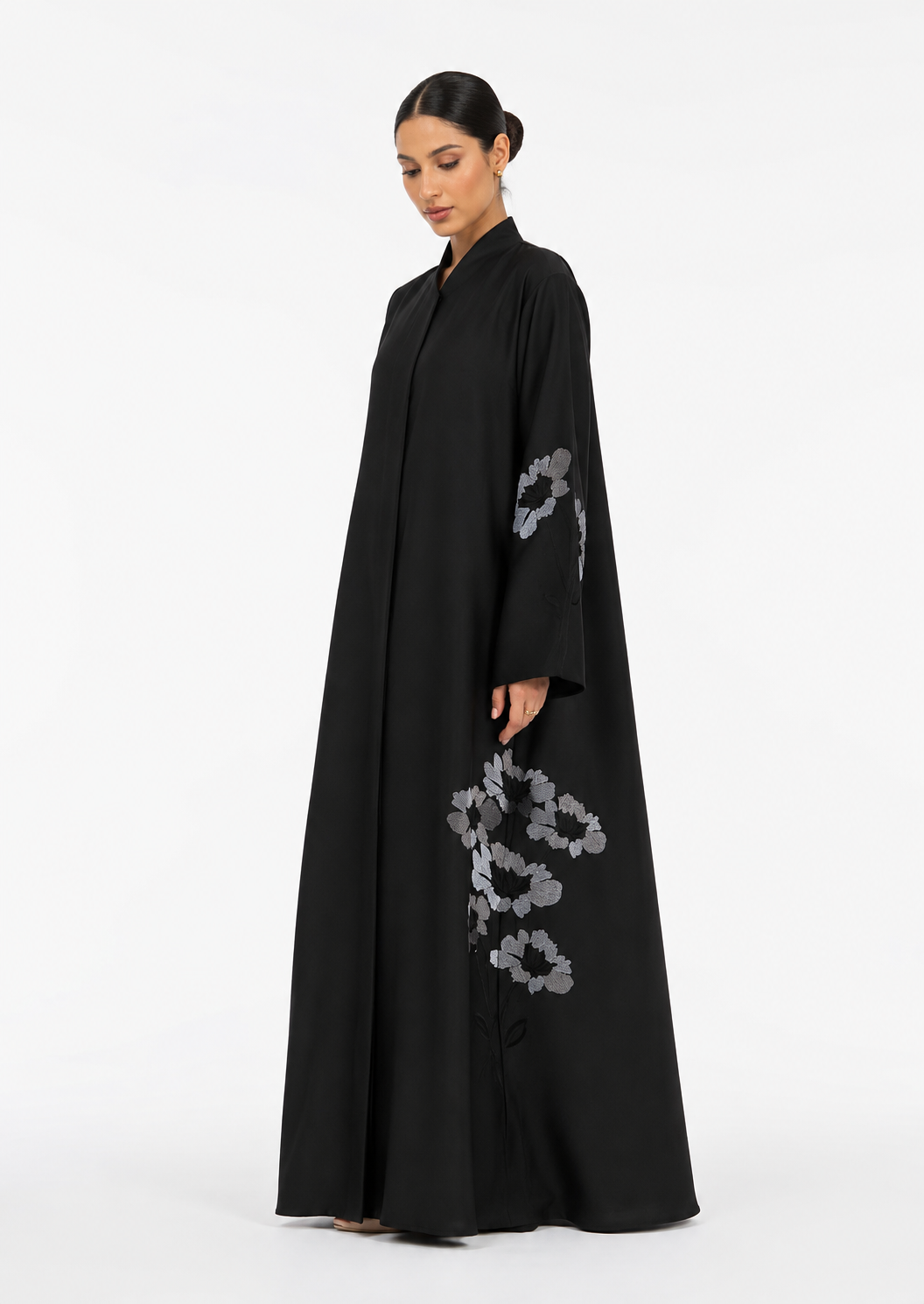Wiam – Black Matte Satin Floral Embroidered Abaya | MANHAS