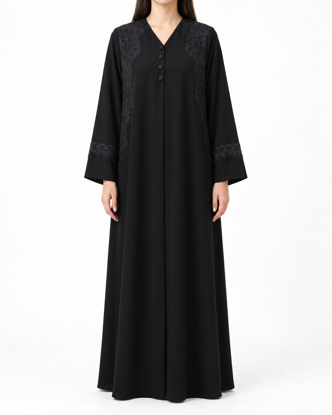 Mayar – Jet Black Korean Nada Lace Front & Cuff Straight Abaya | MANHAS