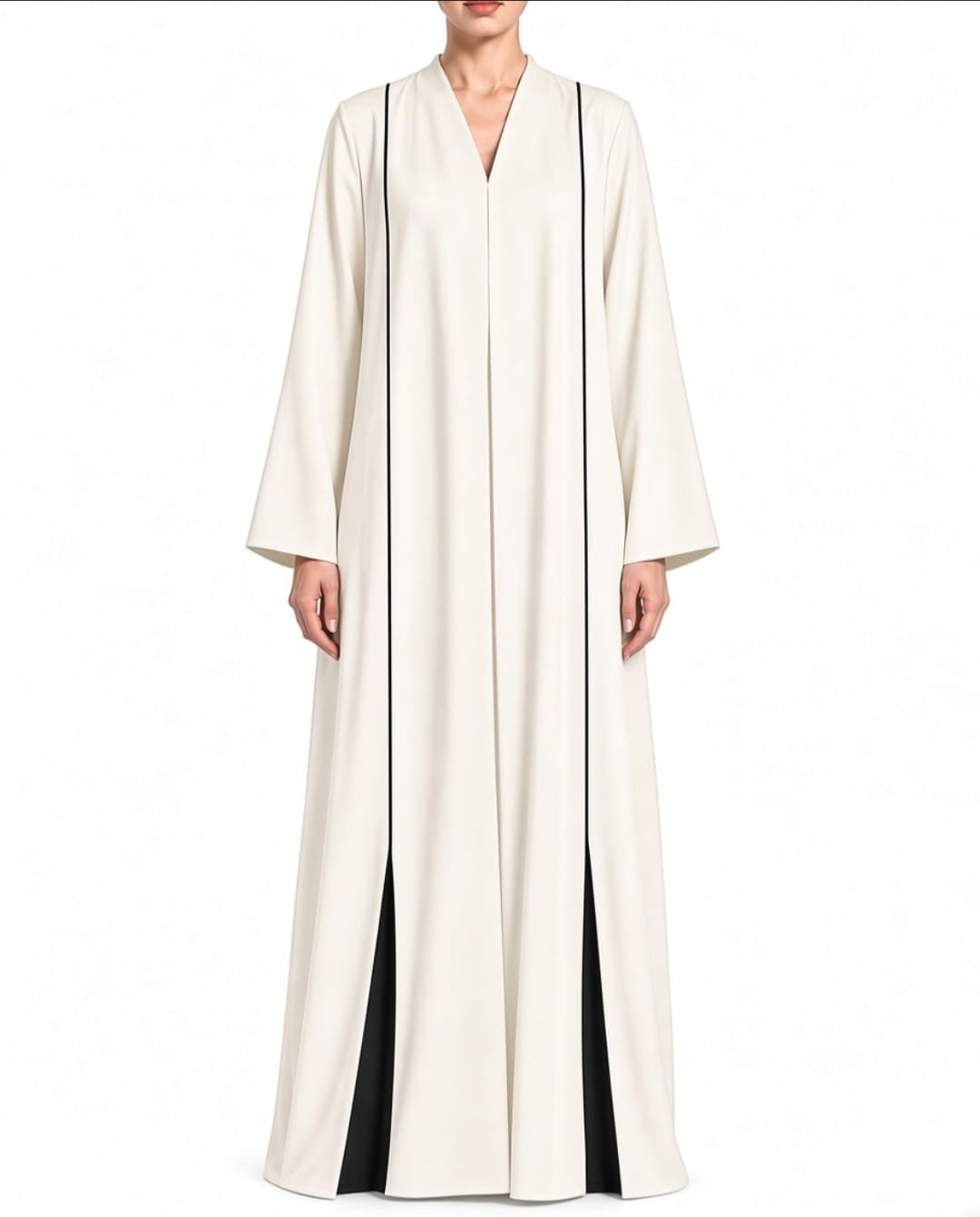 Nesma – Ivory & Black Indonesian Barbie Crepe Inward Pleat Abaya | MANHAS