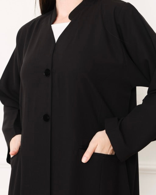 Noir – Jet Black Indonesian Crepe Pocket Collar Abaya | MANHAS