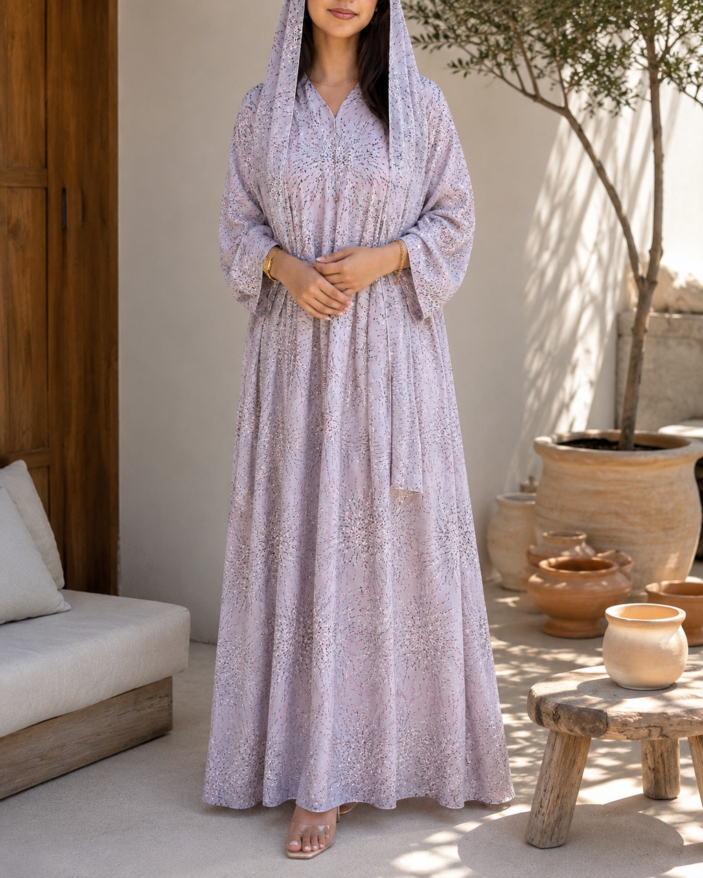 Aria – Baby Pink Printed Chiffon Straight Cut Abaya | MANHAS