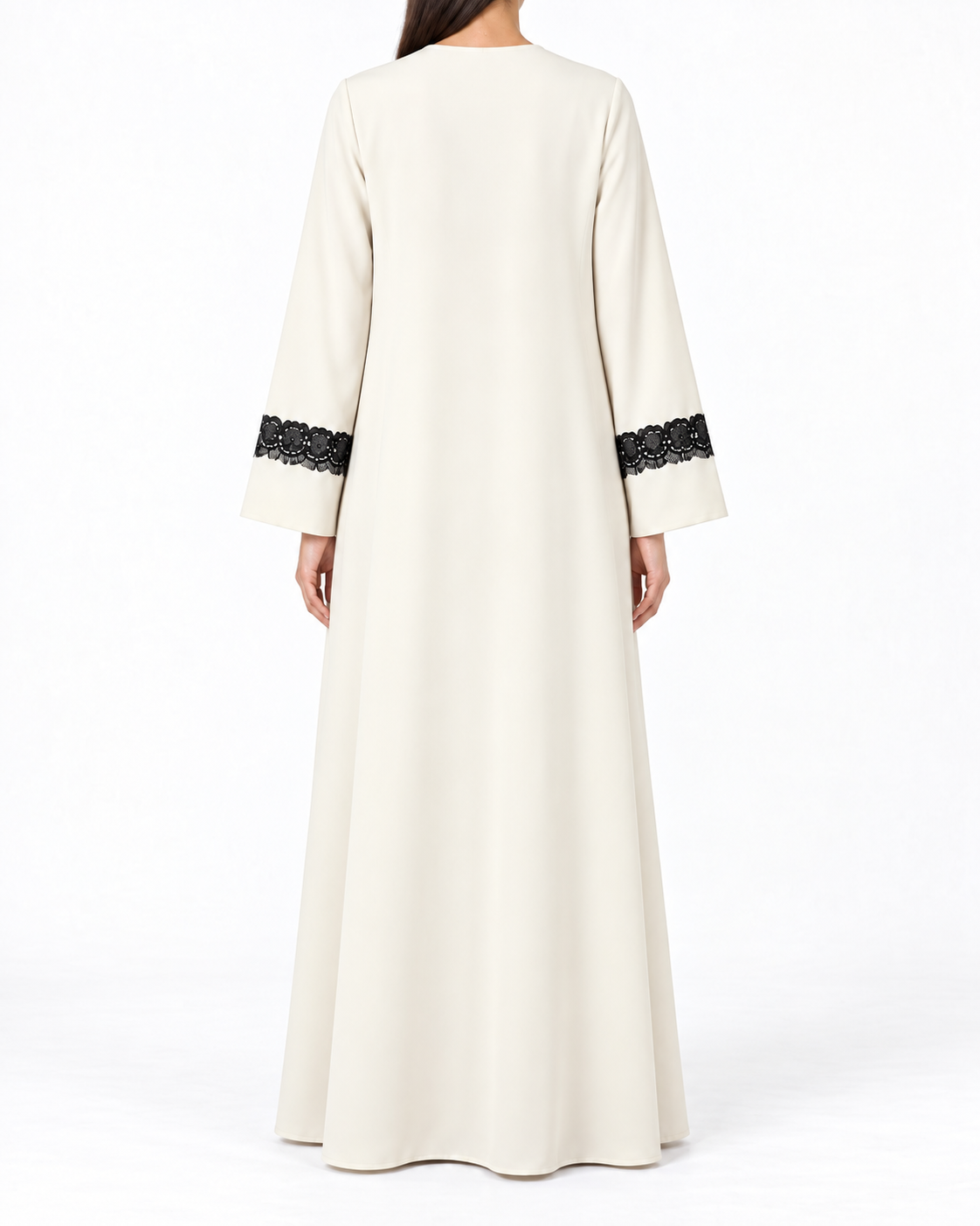 Mayar – White and Black Korean Nada Lace Front & Cuff Straight Abaya | MANHAS