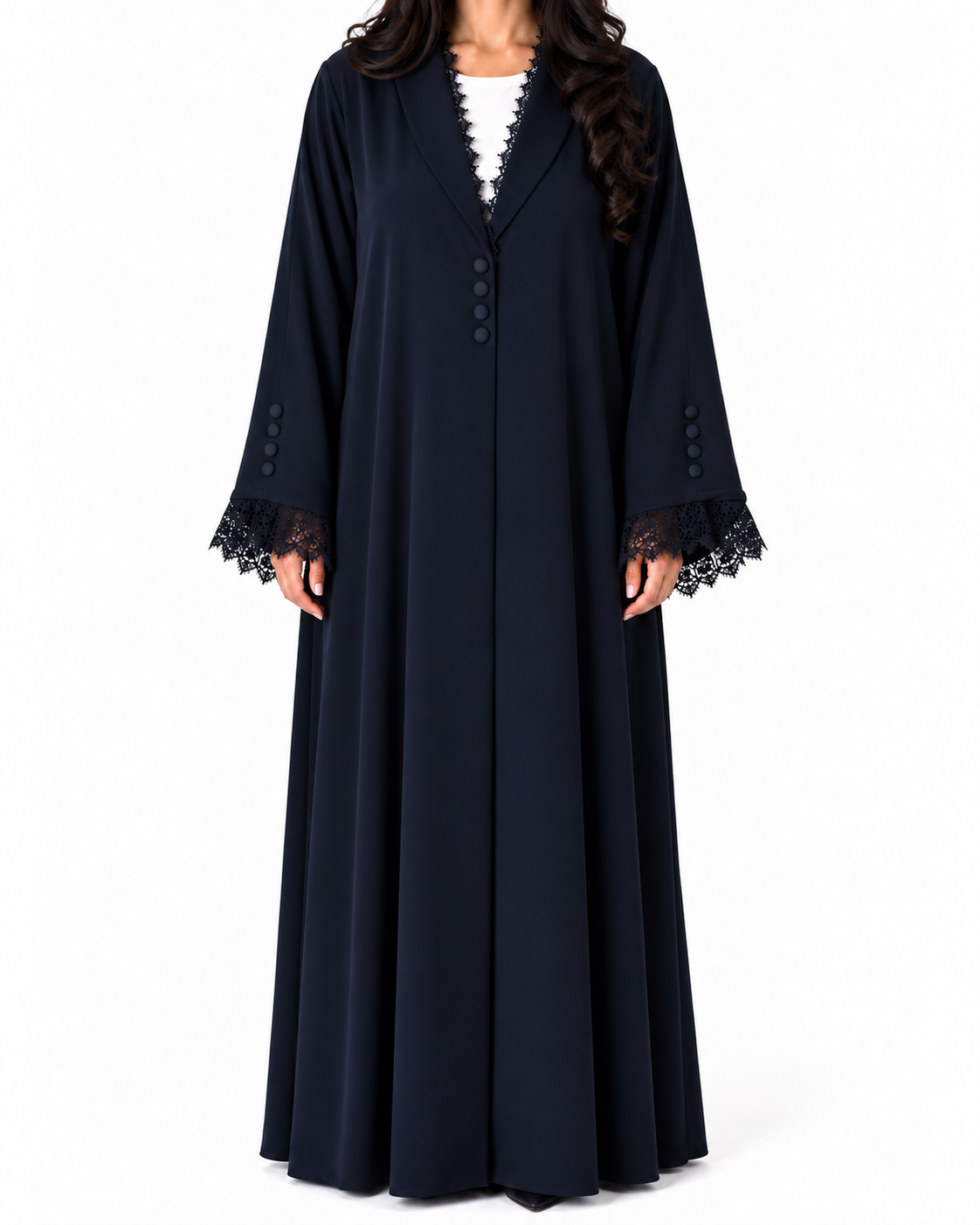 Jouri – Navy Blue French Lace  Collar Layan Crepe Abaya | MANHAS
