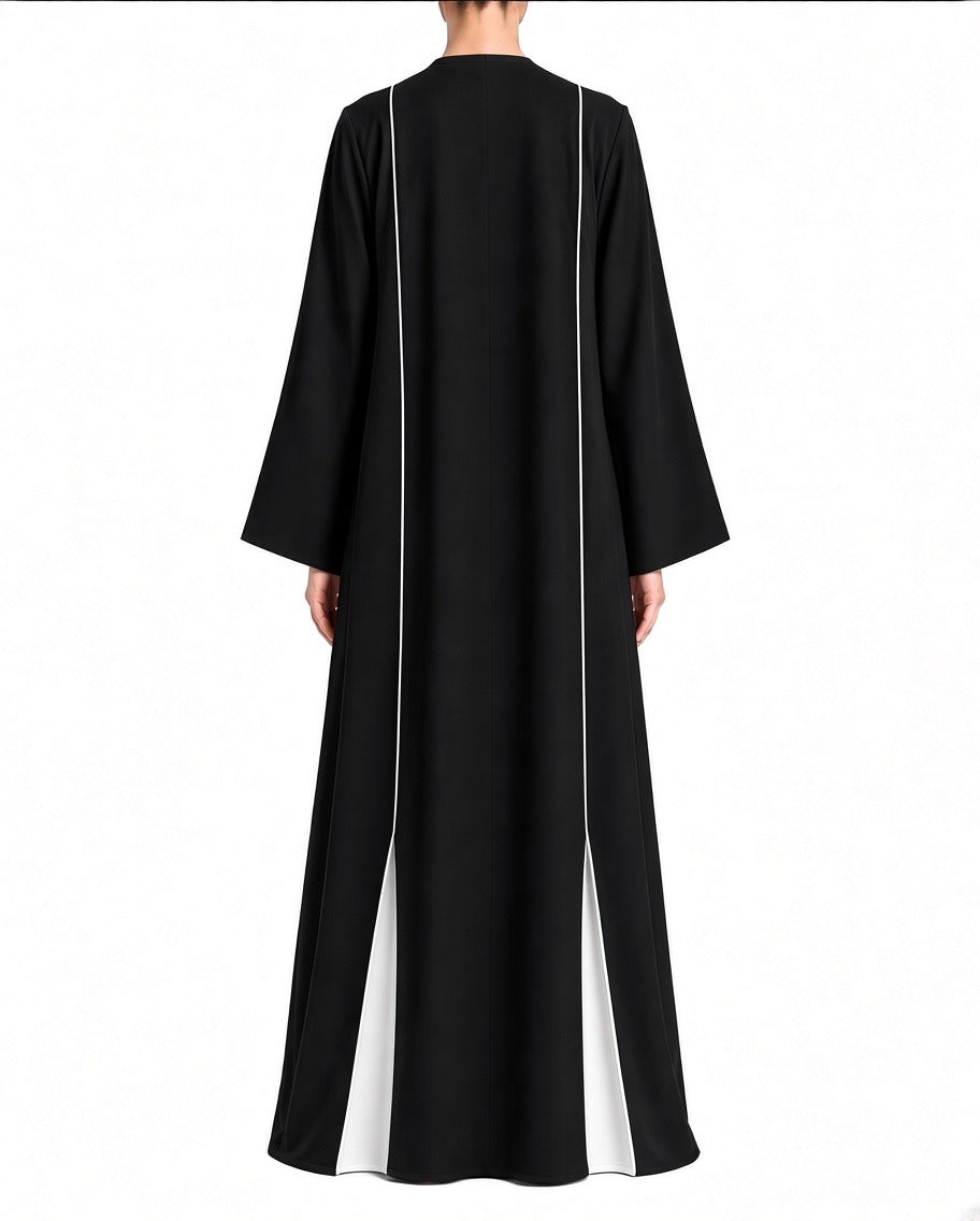 Nesma – Black & White Indonesian Barbie Crepe Inward Pleat Abaya | MANHAS