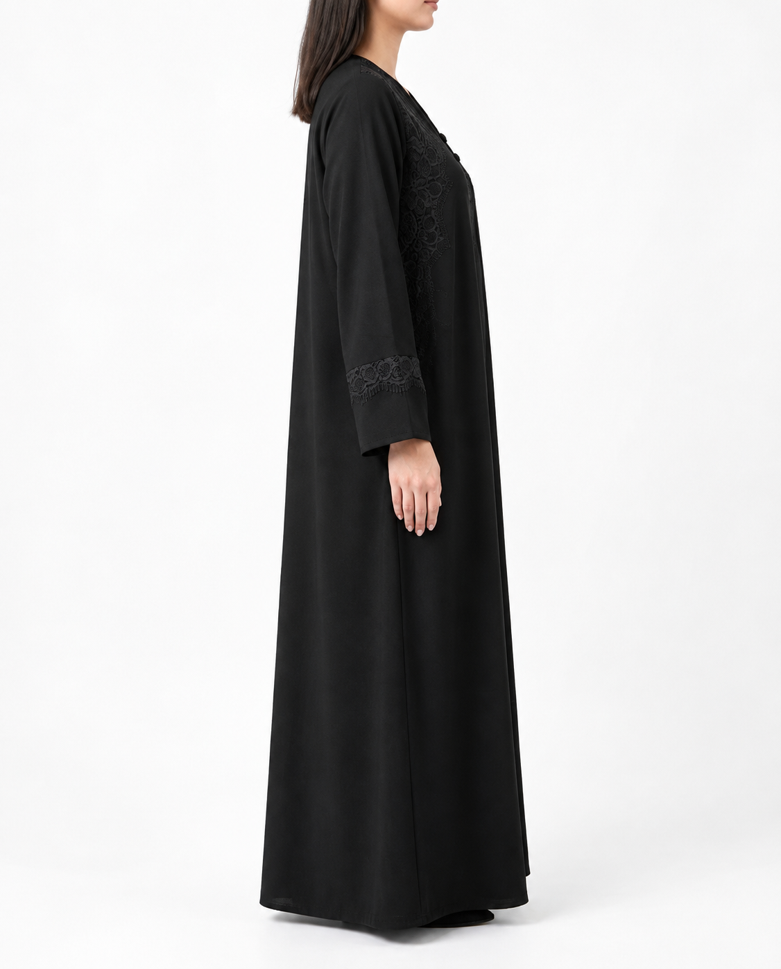 Mayar – Jet Black Korean Nada Lace Front & Cuff Straight Abaya | MANHAS