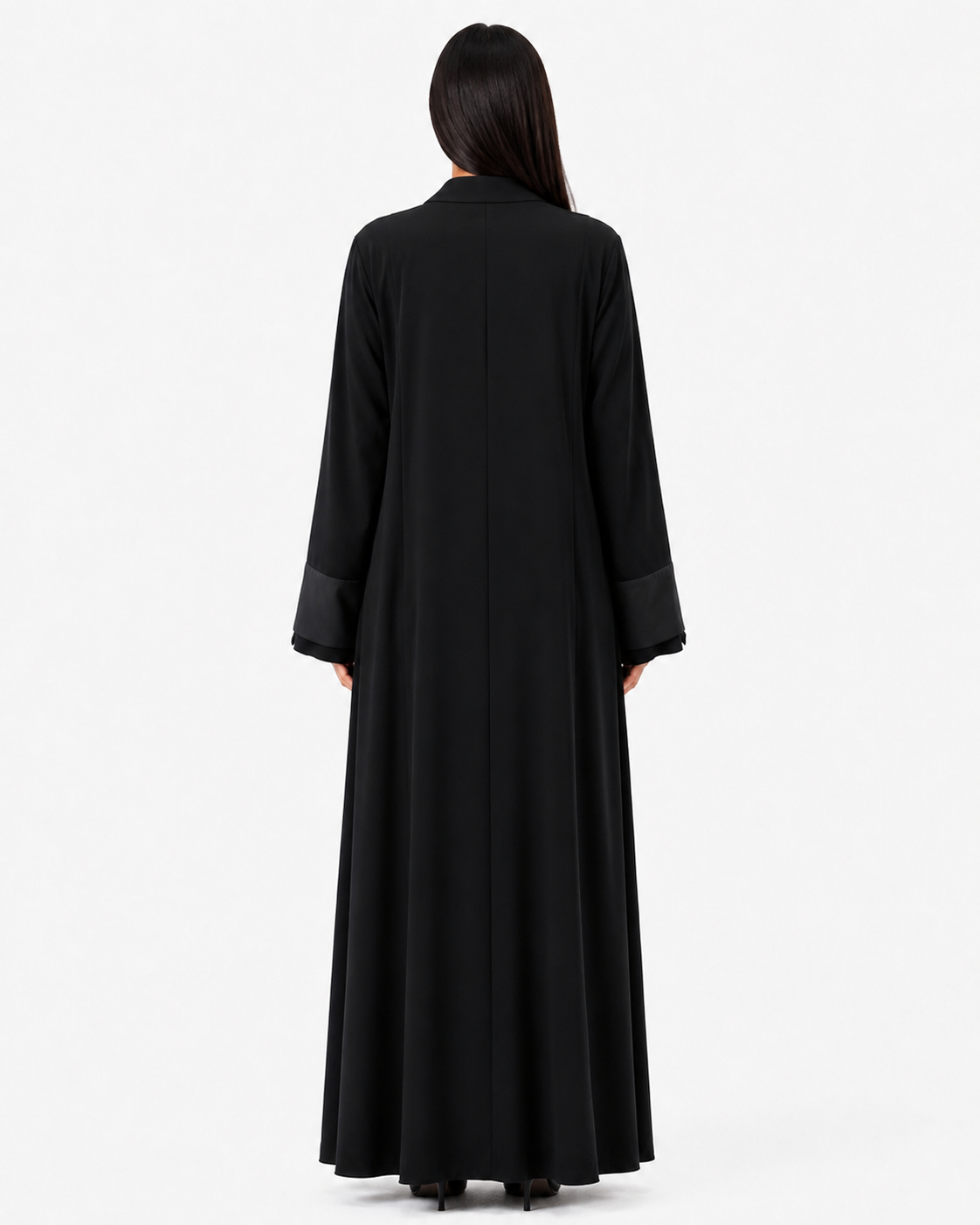 Laha – Black Korean Nada Satin Lapel Open Front Abaya | MANHAS