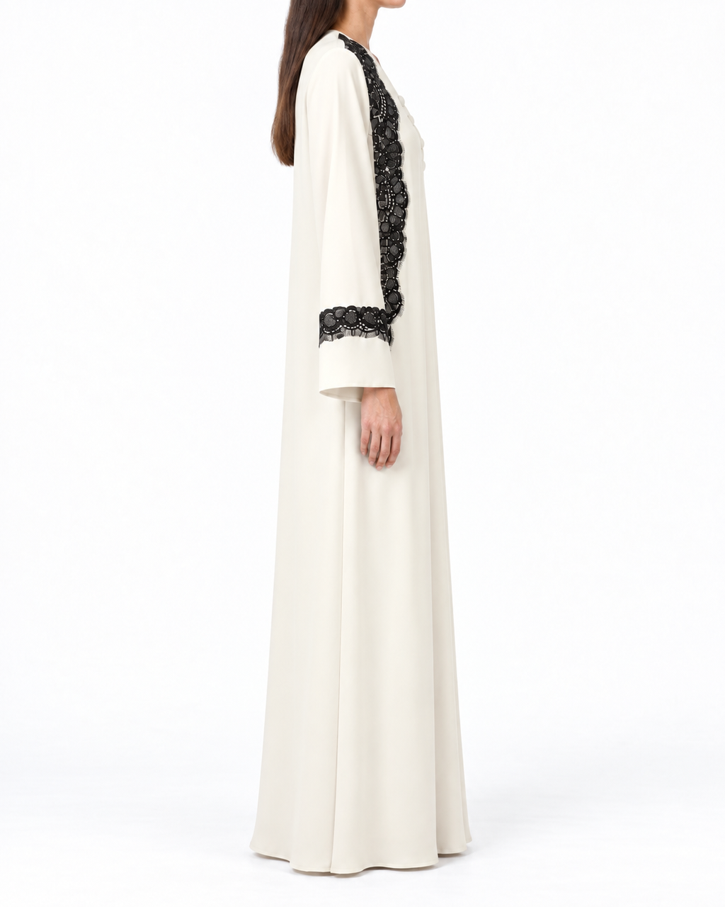 Mayar – White and Black Korean Nada Lace Front & Cuff Straight Abaya | MANHAS