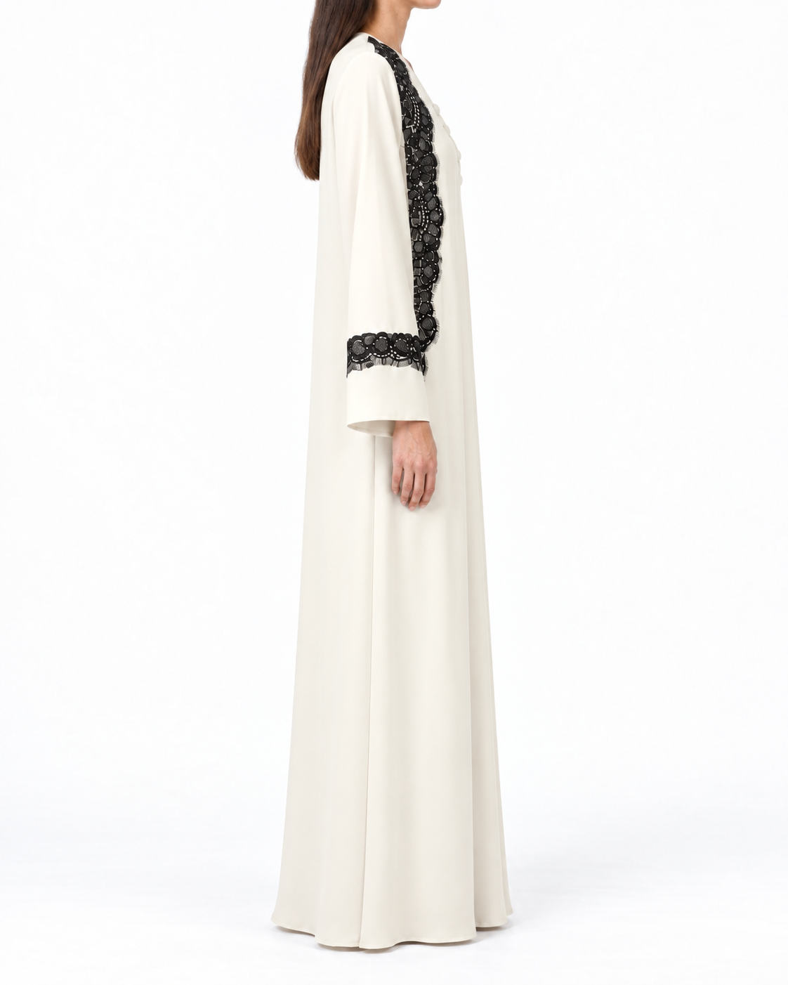 Mayar – White and Black Korean Nada Lace Front & Cuff Straight Abaya | MANHAS