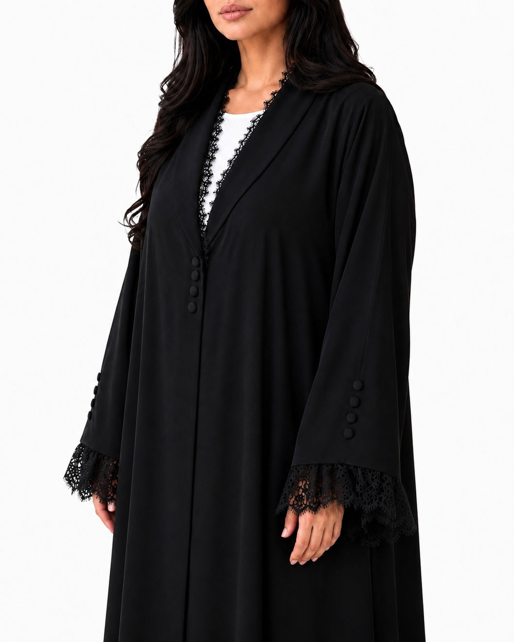 Jouri – Black French Lace Layan Collar Crepe Abaya | MANHAS