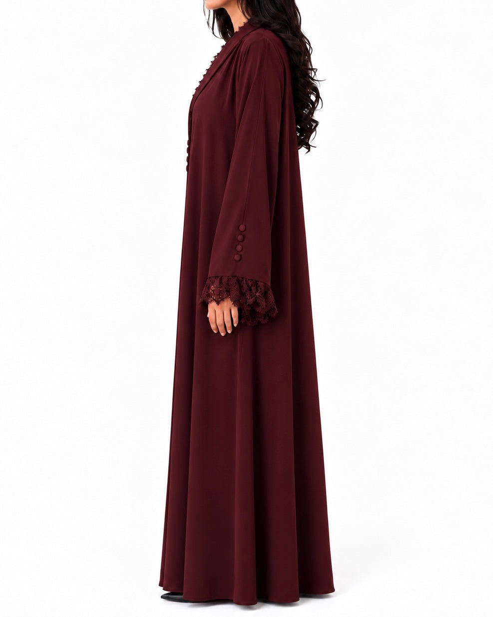 Jouri – Burgundy French Lace Collar Layan Crepe Abaya | MANHAS
