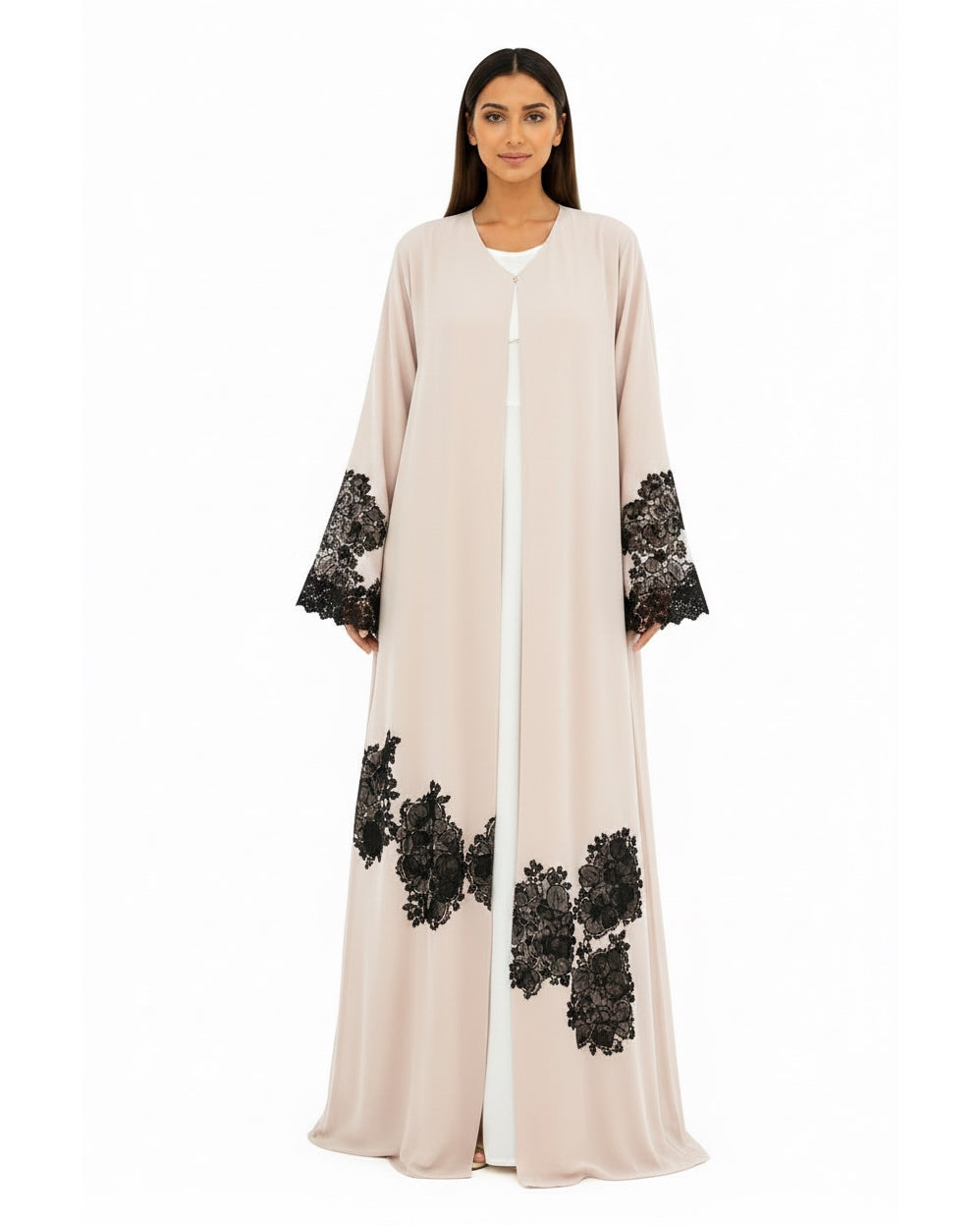 Rhea – Pastel Korean Nada Black Lace Cutout Straight Cut Abaya | MANHAS