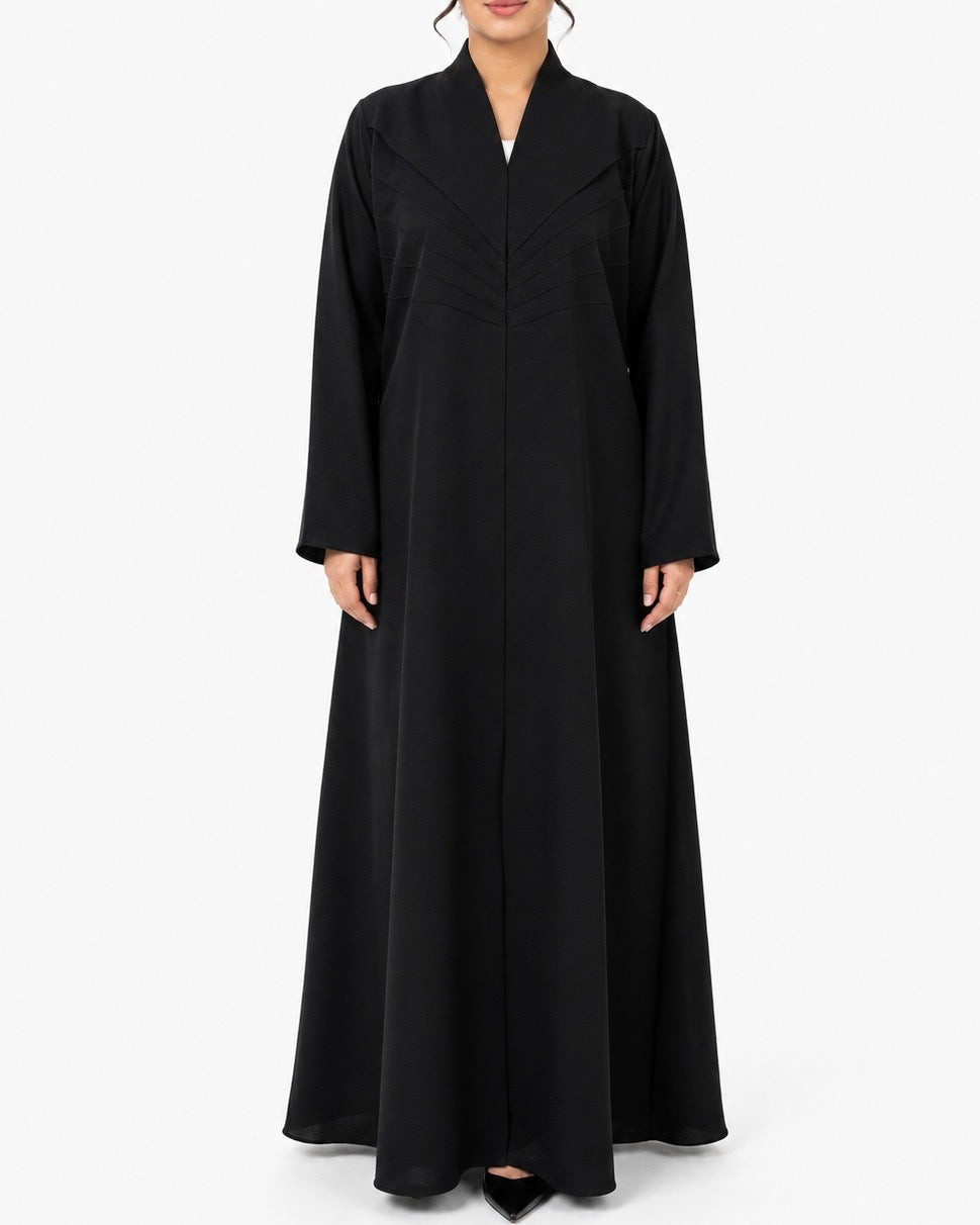 Ruwa – Jet Black Foa Crepe Chevron Pintuck Abaya | MANHAS