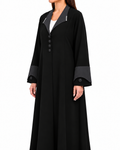 Laha – Black Korean Nada Satin Lapel Open Front Abaya | MANHAS