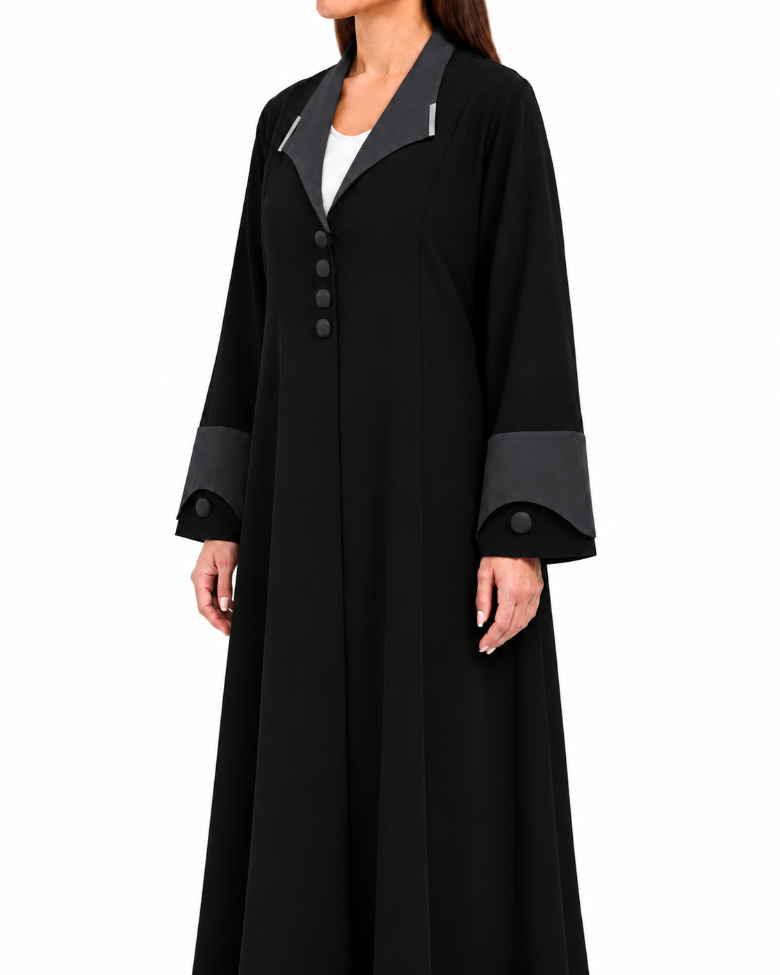 Laha – Black Korean Nada Satin Lapel Open Front Abaya | MANHAS
