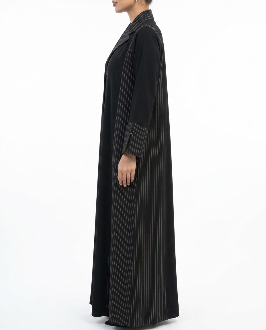 Rimsha – Black Korean Nada Tailored Collar Striped Abaya | MANHAS