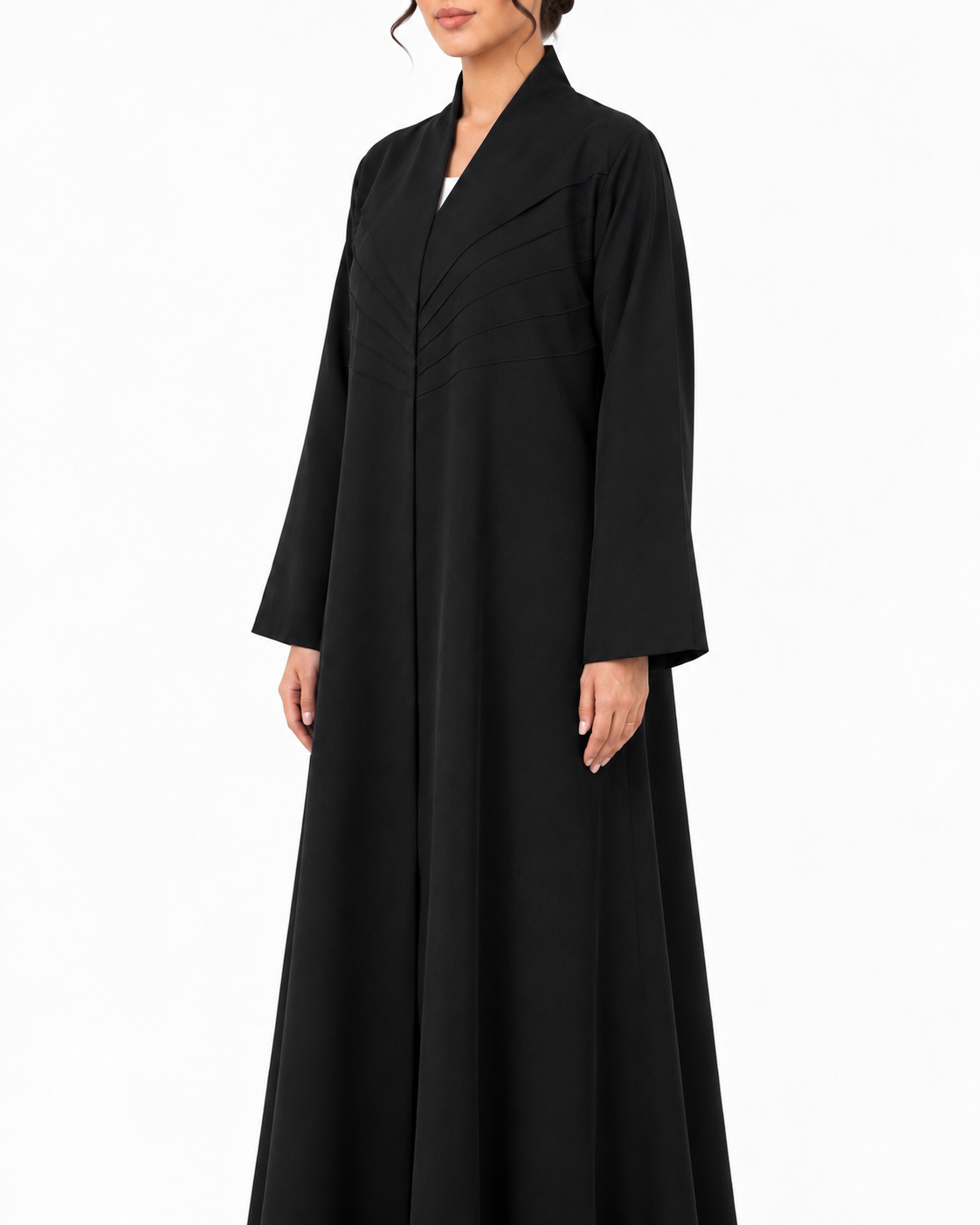 Ruwa – Jet Black Foa Crepe Chevron Pintuck Abaya | MANHAS