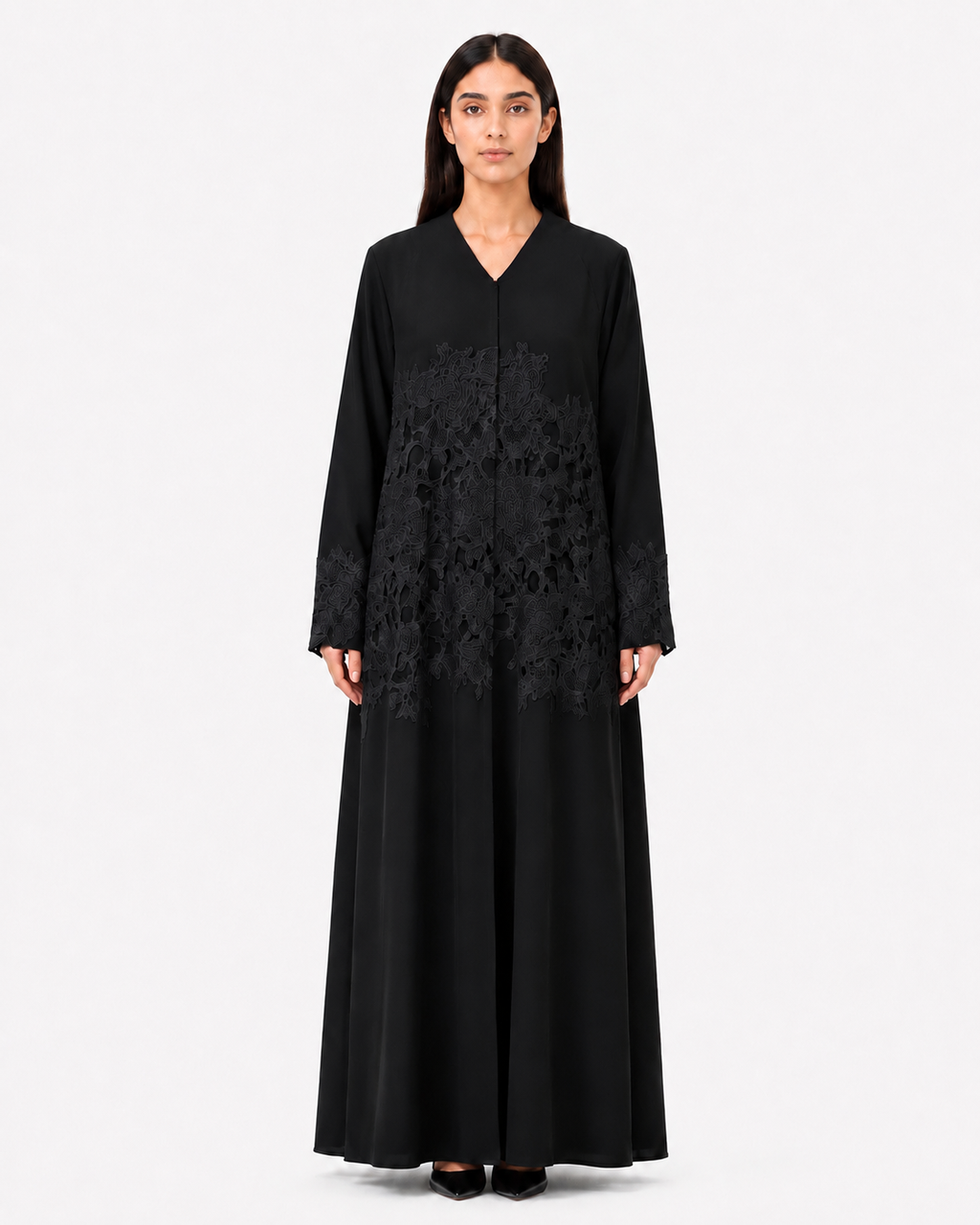 Rida – Jet Black Indonesian Crepe Dantel Lace Appliqué Abaya | MANHAS